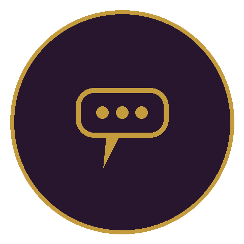 Message bubble icon with three dots inside, outlined in gold on a dark purple circular background.