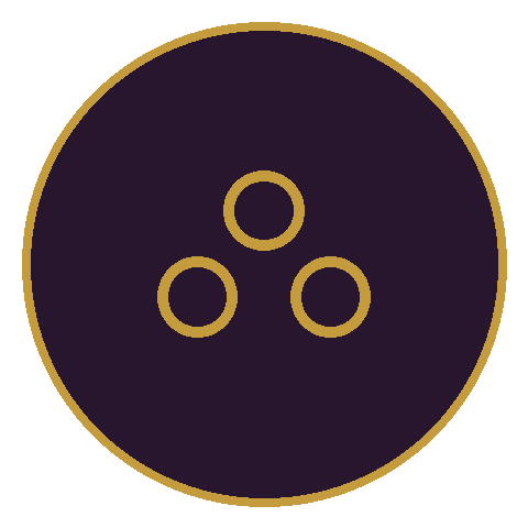 A black circle with a gold outline, containing three smaller gold circles arranged in a triangular pattern.