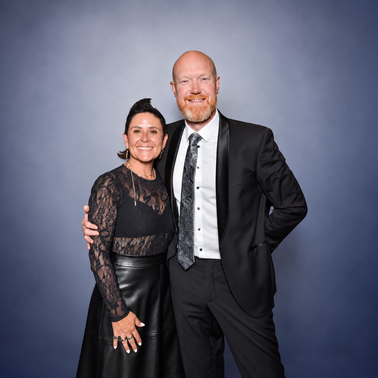 Bex and Paul Twemlow dressed up in black tie.