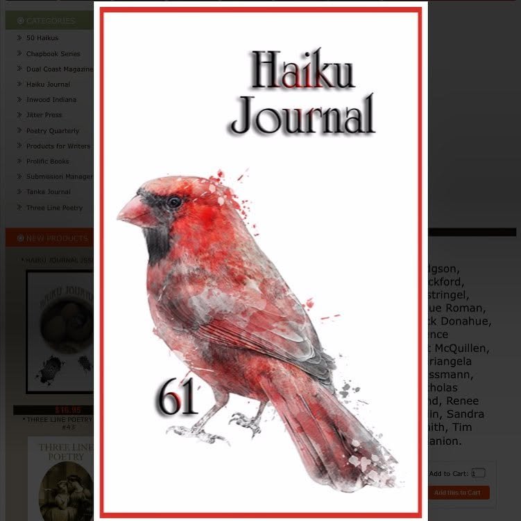Cover of Haiku Journal issue 61 featuring a watercolor-style illustration of a bird with red and gray feathers.