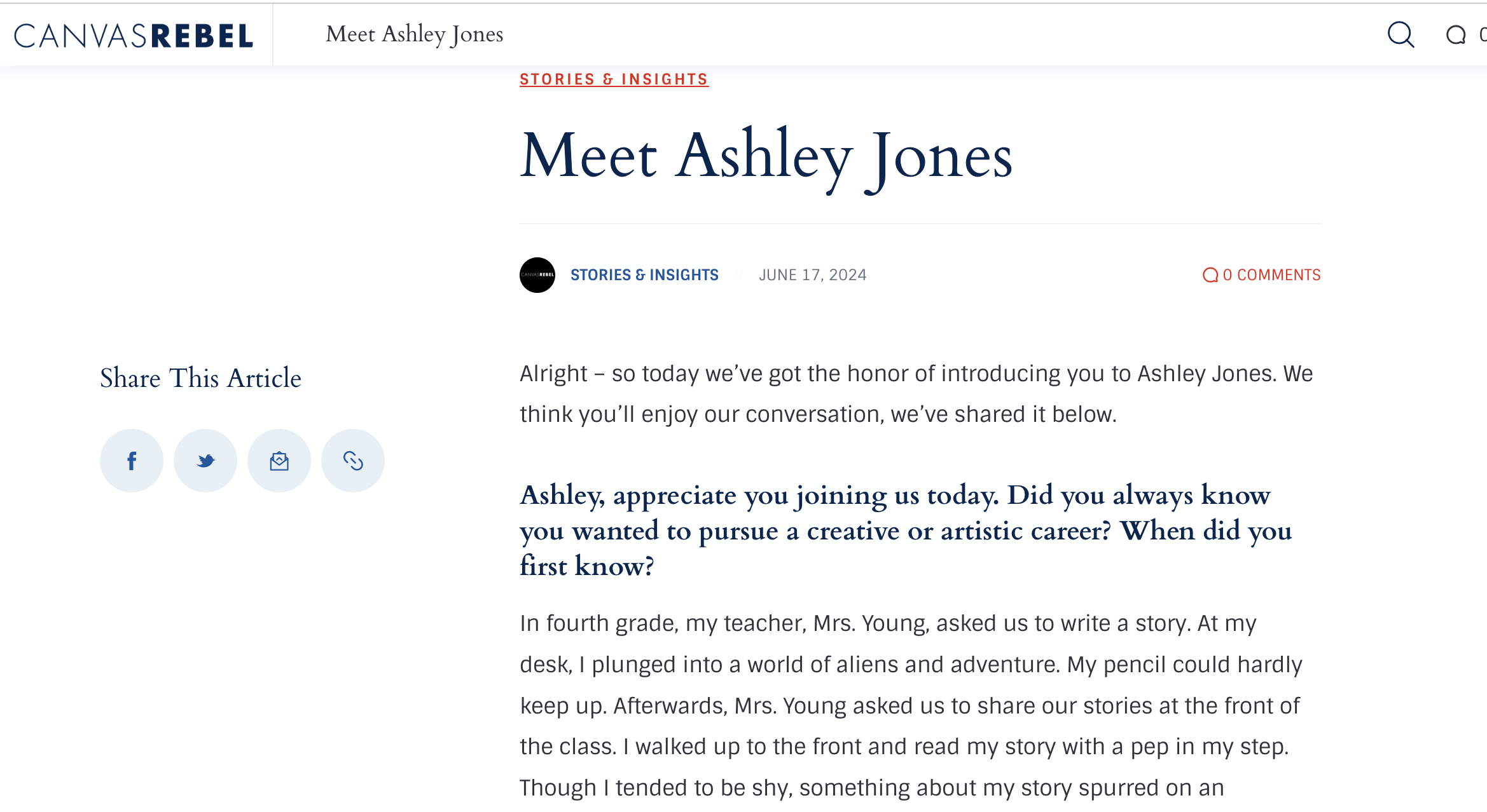 A web page titled 'Meet Ashley Jones' from Canvas Rebel, featuring a story or insight article dated June 17, 2024, with social media sharing icons for Facebook, Twitter, email, and link, and primarily blue and white color scheme.