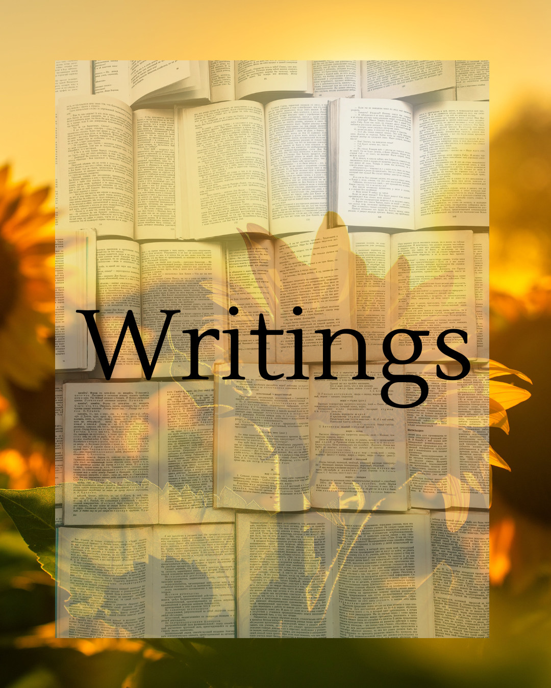 Multiple open books with the word 'Writings' overlaid, set against a sunset background with sunflowers.