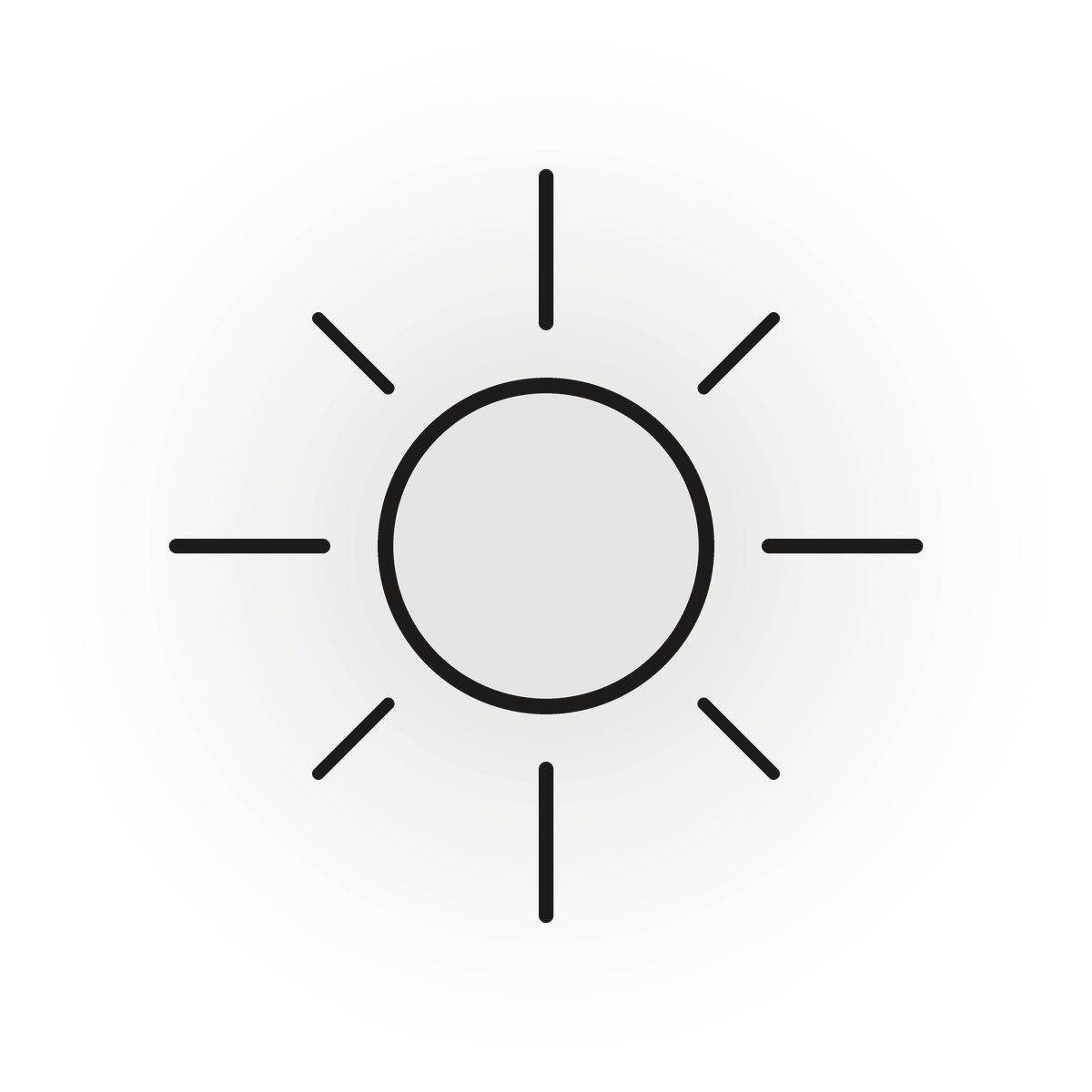 Grafik einer schwarzen Sonne in einem schwarzen Kreis auf weissem Hintergrund.