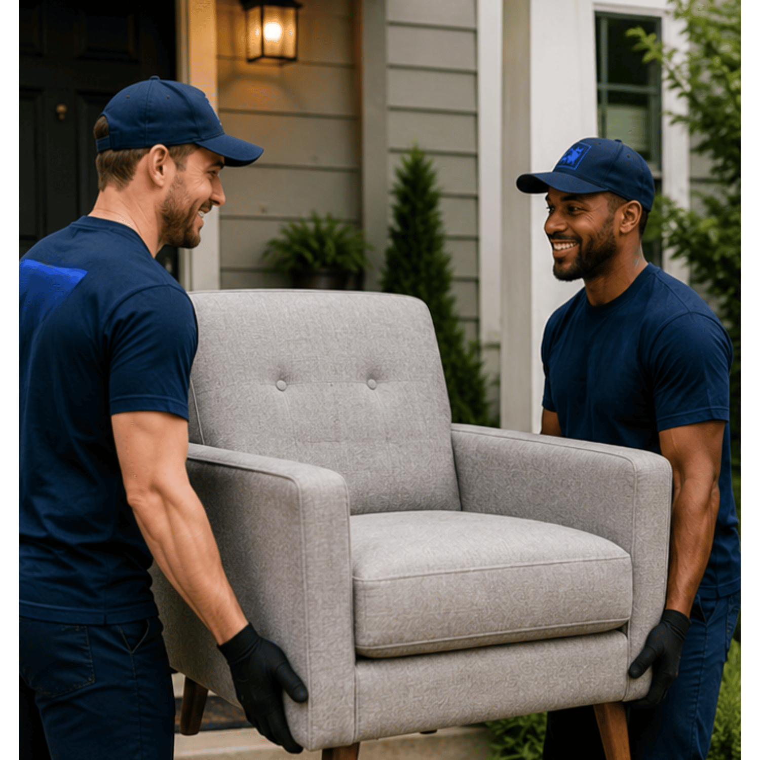 Two movers in blue uniforms and gloves lift a gray armchair outside a house.