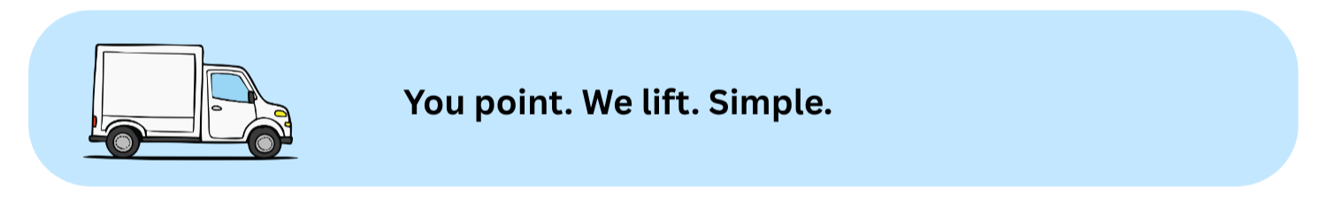 Illustration of a white moving truck with a slogan that says "You point. We lift. Simple."