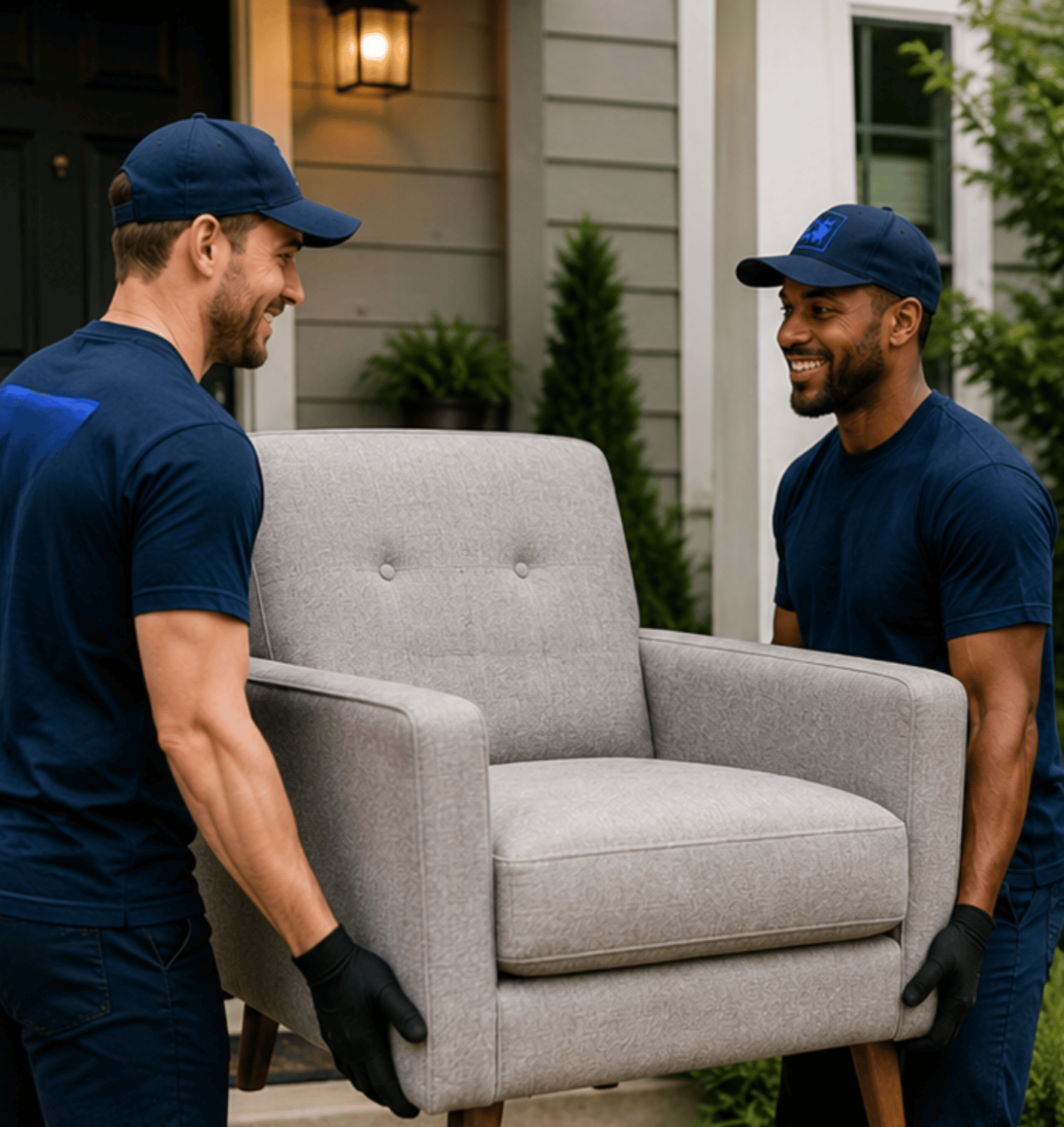 Two movers in blue uniforms and black gloves are carrying a gray armchair in front of a house.