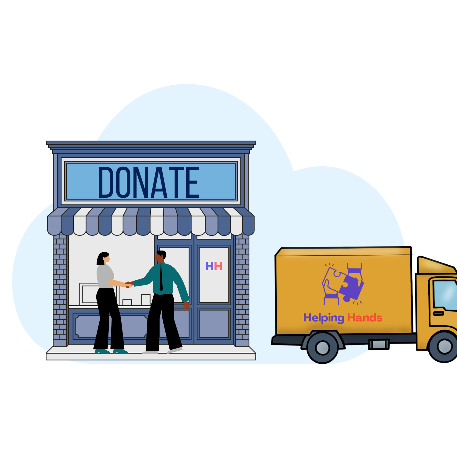 A storefront with a large sign that says 'DONATE'. Two people are shaking hands outside the store. To the right, there's a yellow truck labeled 'Helping Hands' with a logo of two hands puzzle pieces connected.