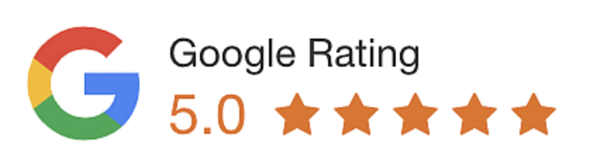 Google logo with 'Google Rating 5.0 stars' text and five orange stars.