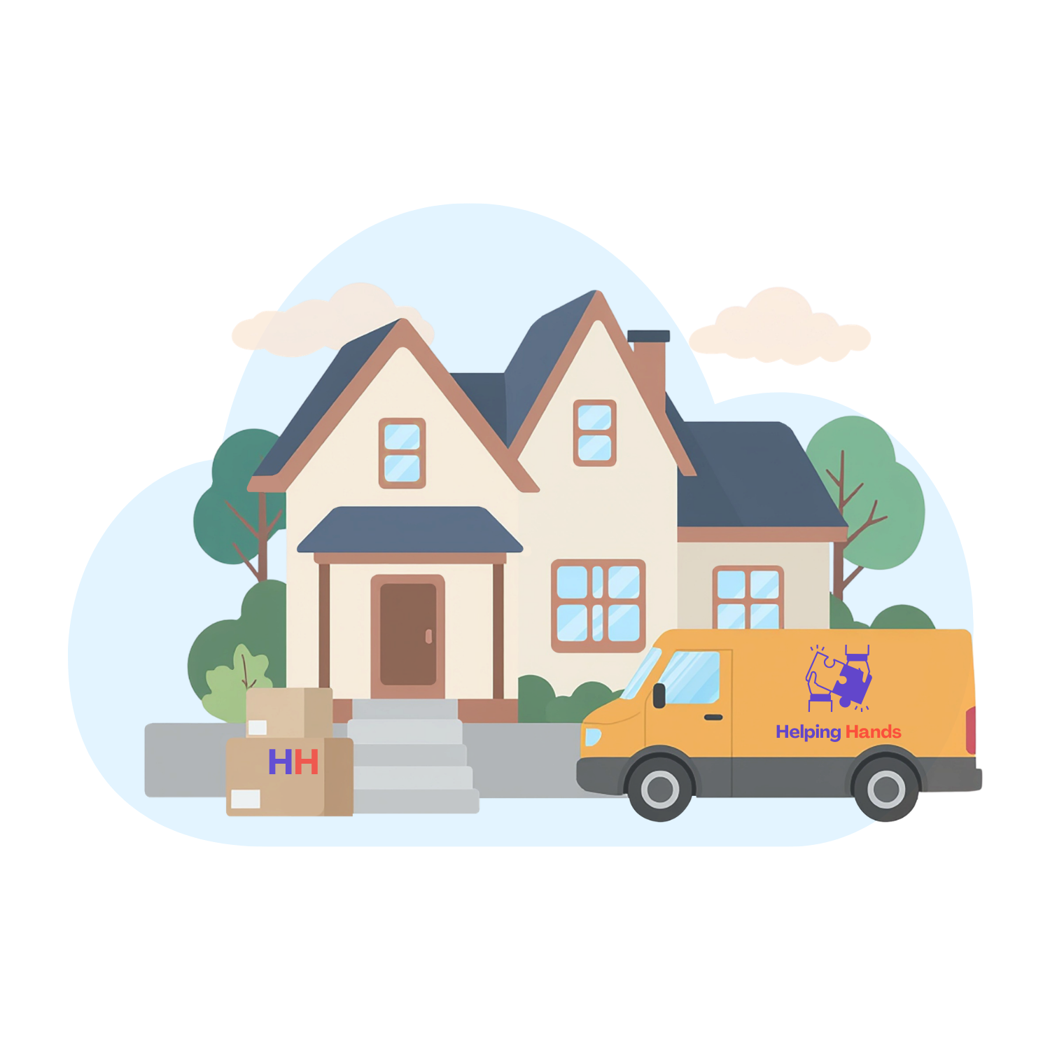 Illustration of a house with a Helping Hands charity van parked in front, several boxes and bags nearby, and trees in the background, under a partly cloudy sky.