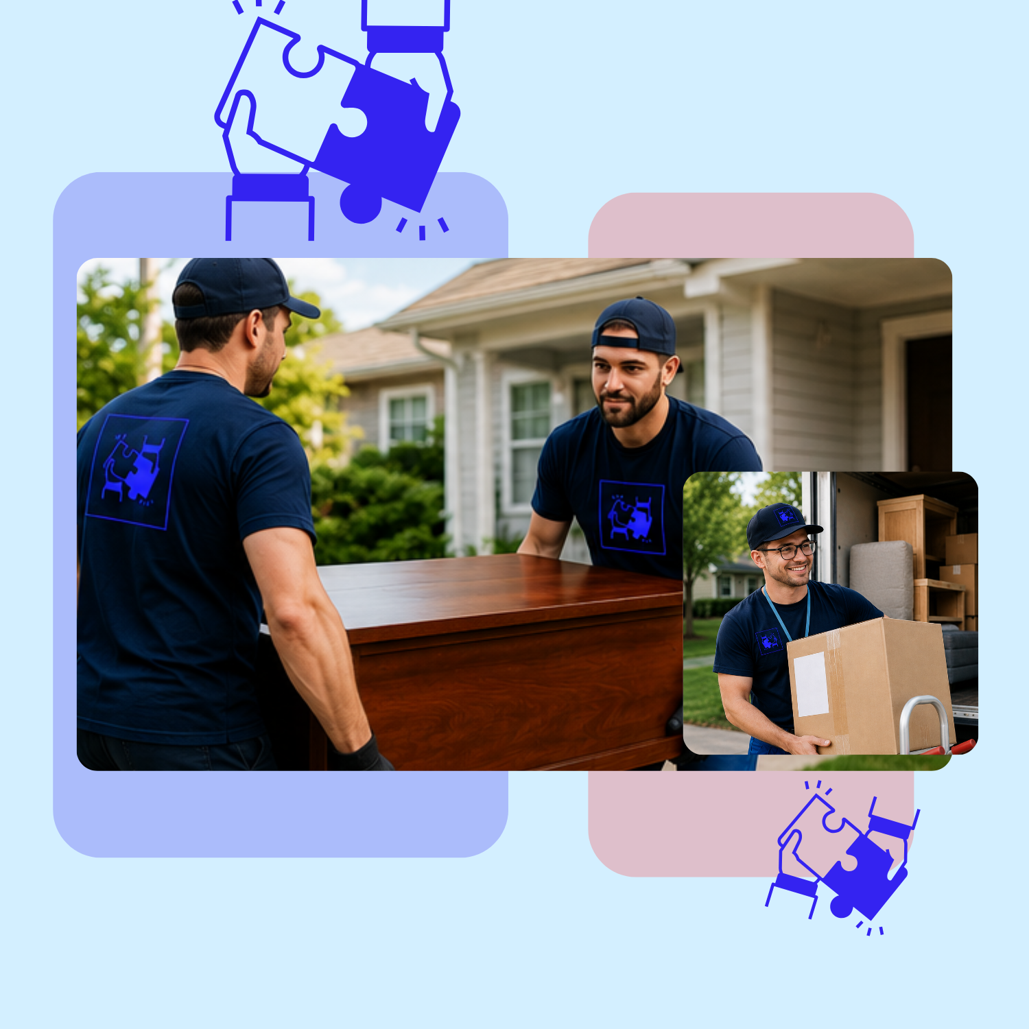 Two men are carrying a wooden dresser outside a house, and a third man is holding a cardboard box and smiling. All three are wearing navy blue shirts and caps, and there are house and greenery in the background.