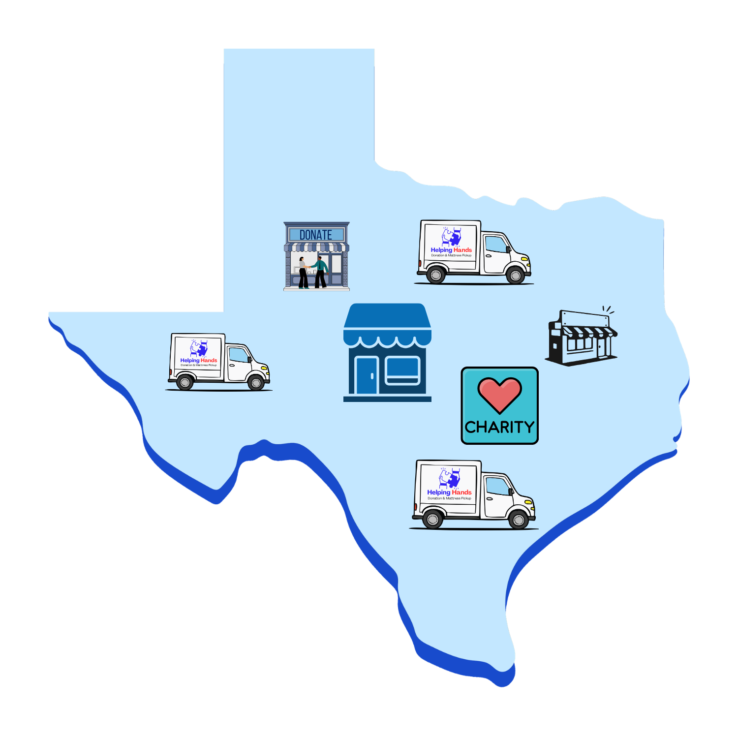 A map of Texas with icons representing donation centers, charity, and helping hands, including donation trucks, a store, a charity sign, and a donation drop-off location.
