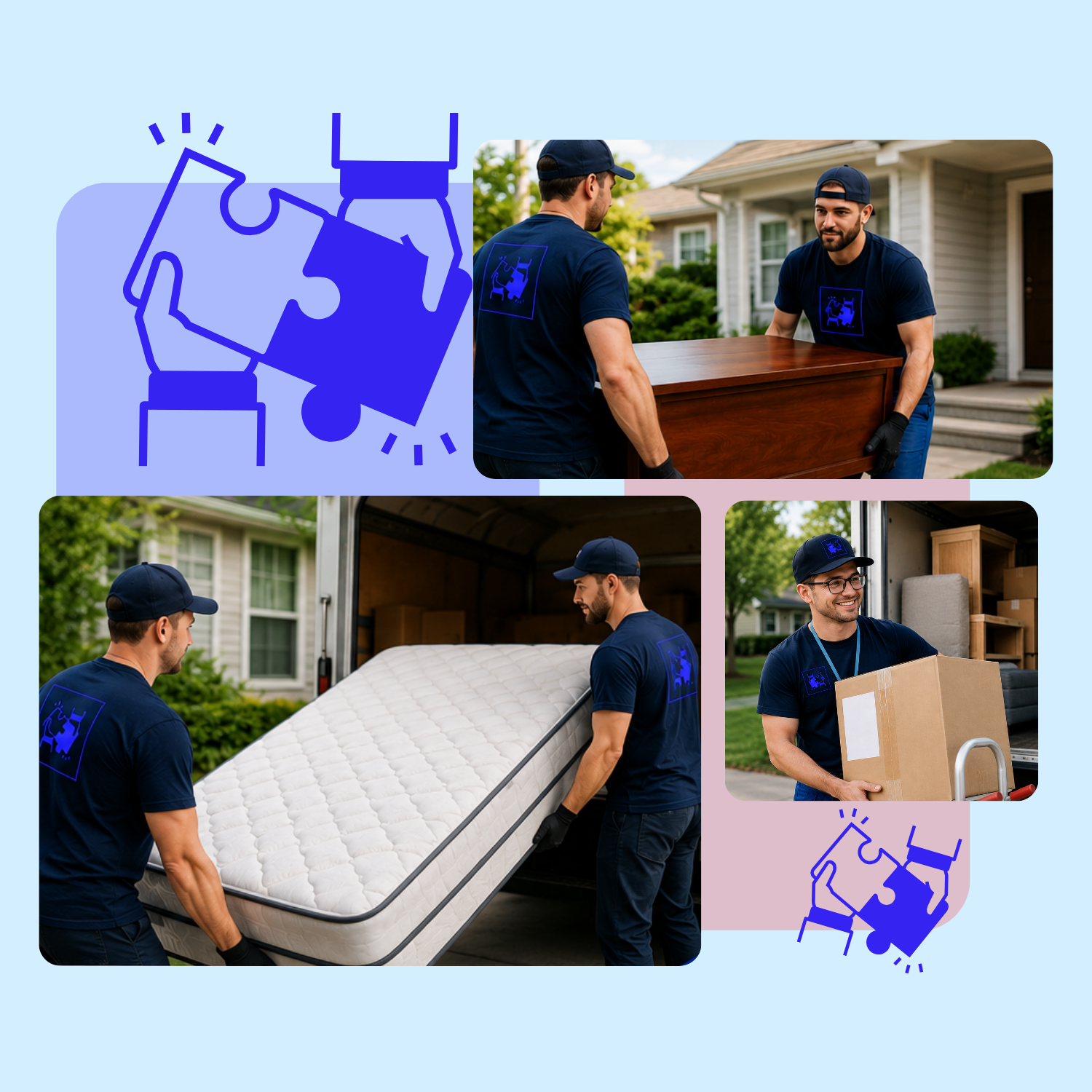 Three movers in matching navy shirts and caps are loading and unloading furniture and boxes from a truck outside a house.