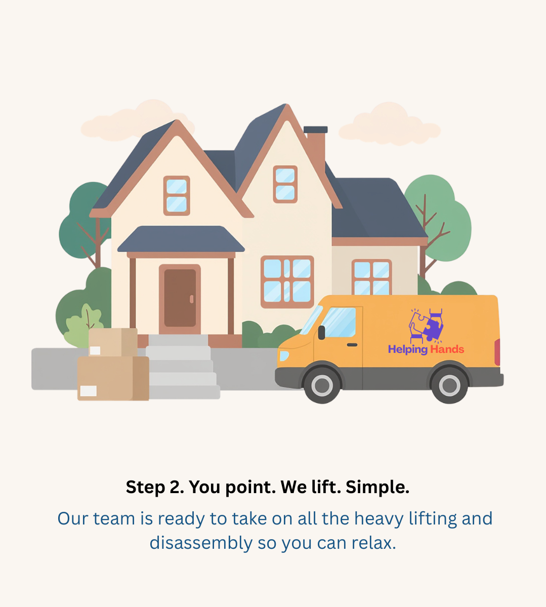 Illustration of a house with a yellow Helping Hands moving van parked outside, surrounded by greenery and a cloudy sky.