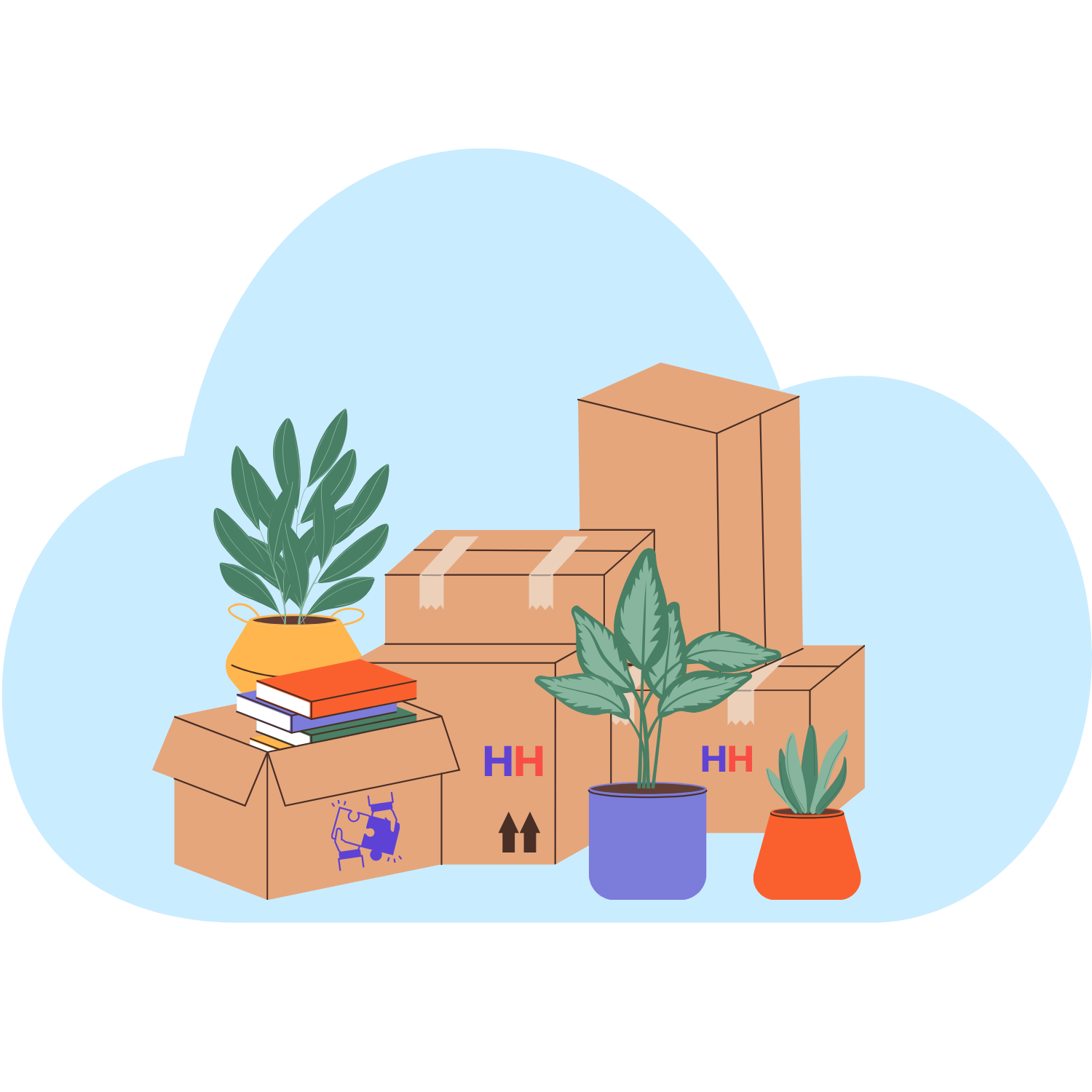 Illustration of moving boxes, plants, and books on a black background with abstract blue shapes.