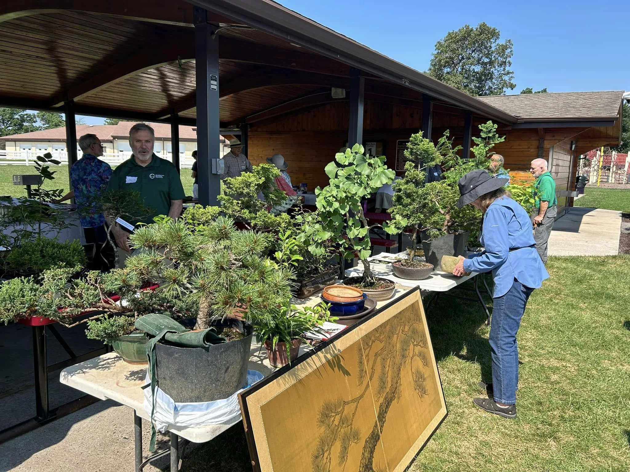 A group of people at an outdoor plant sale looking at various potted plants on a long table. There are trees and a house in the background under a clear blue sky.