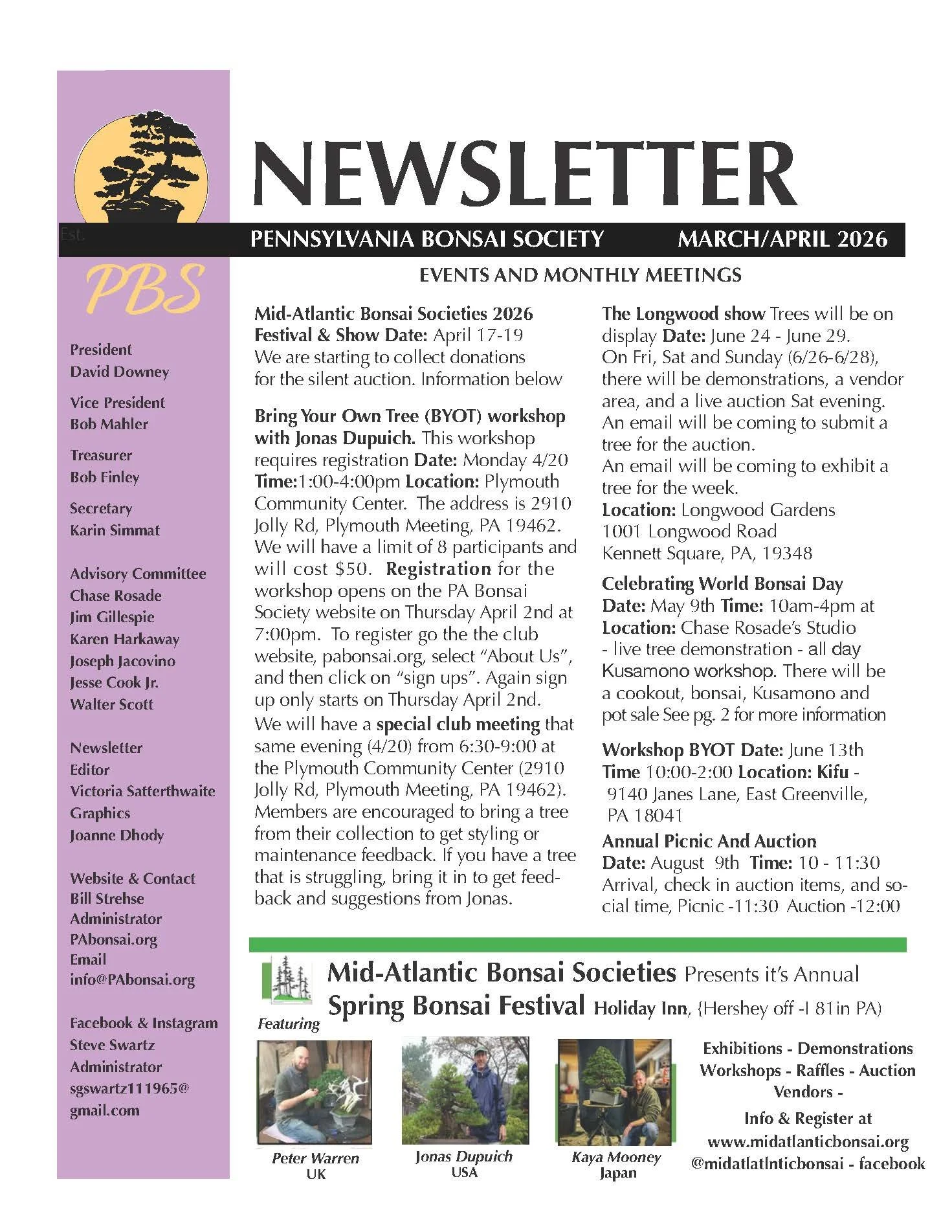 The newsletter for the Pennsylvania Bonsai Society (PBS) from March/April 2026 features upcoming events, meetings, and festival details. It has a purple sidebar with the PBS logo, leadership, and contact information. The main section lists activities like bonsai workshops, tree displays, demonstrations, a summer show, and an auction, including dates, locations, and registration info. Photos of three individuals—Peter Warren from the UK, Jonas Dupich from the USA, and Kaya Mooney from Japan—are at the bottom.