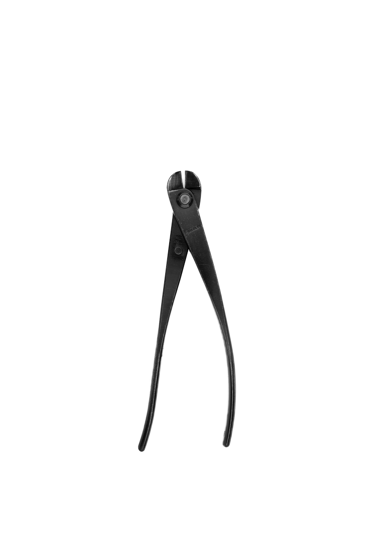 Black wire crimping tool with long handles and curved cutting edges.