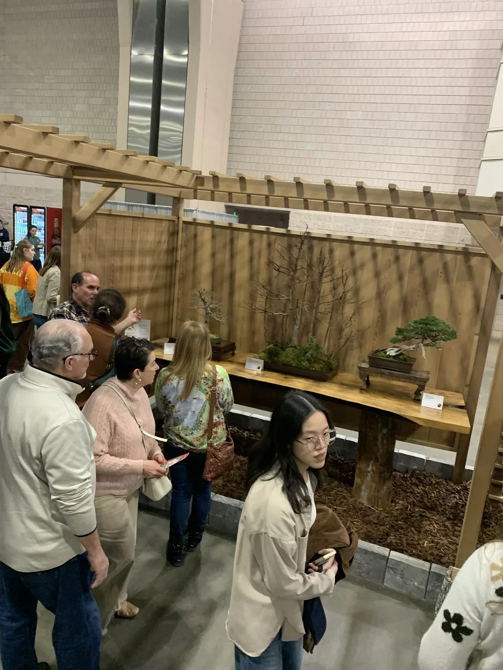 Group of people observing bonsai trees displayed on a wooden table at an indoor exhibition.