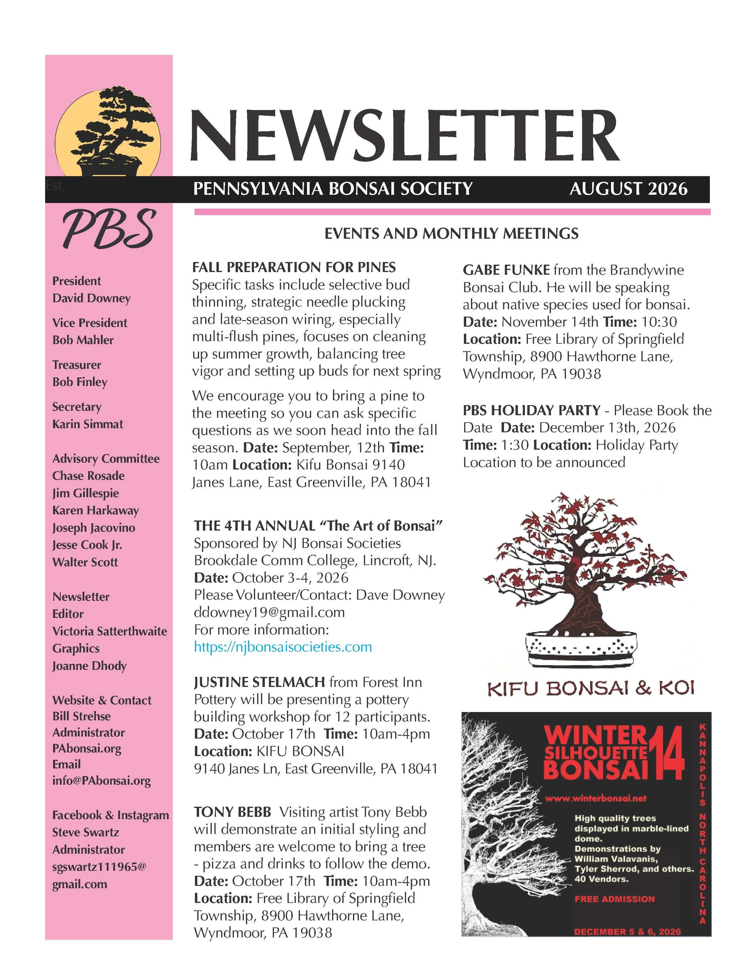 Newsletter of Pennsylvania Bonsai Society for August 2026. Contains event details, speaker information, and contact details. Features an illustration of a bonsai tree and a winter bonsai event flyer.