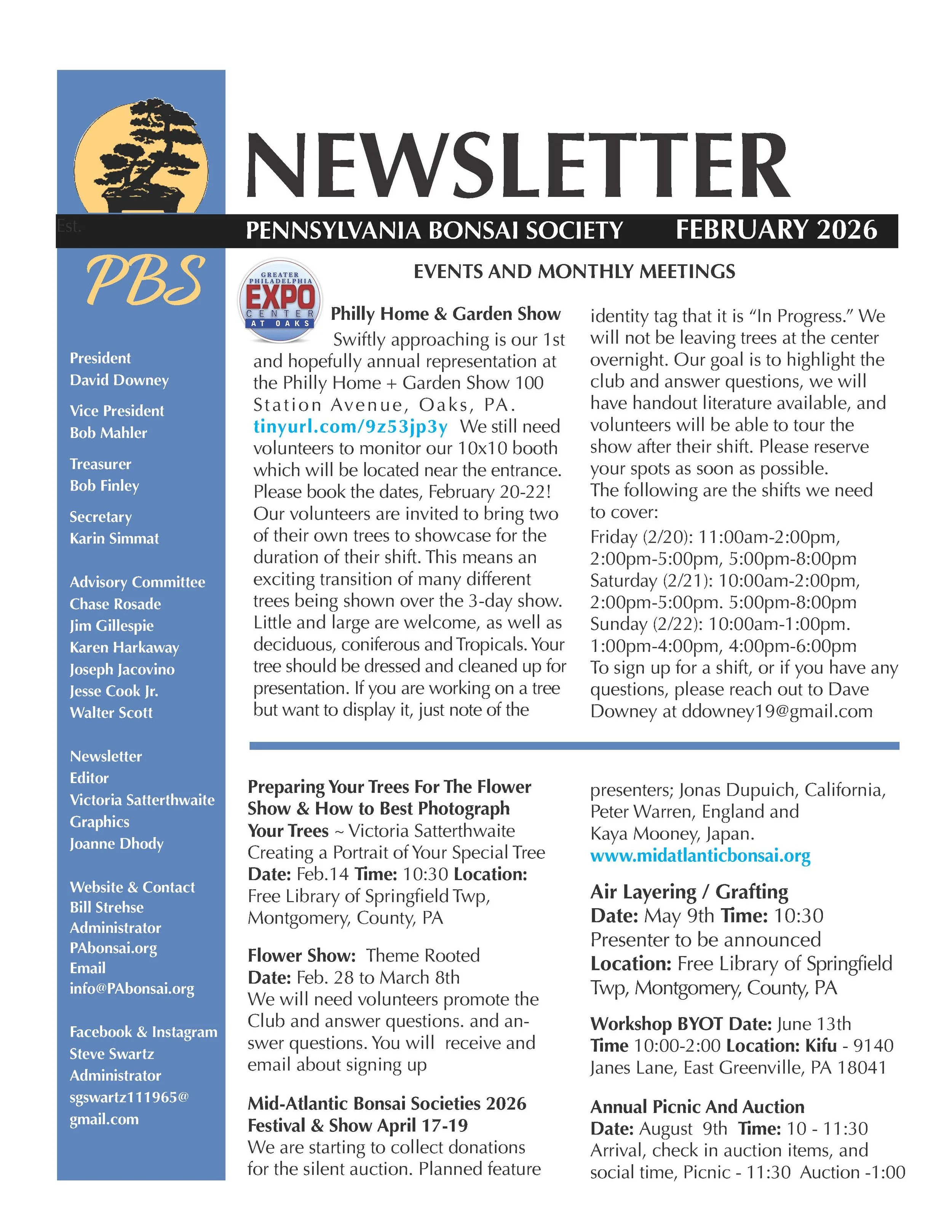 A newsletter from the Pennsylvania Bonsai Society for February 2026, containing details about upcoming events, meetings, club activities, and contact information. It includes a section about the Philly Home & Garden Show, a bonsai show, workshops, annual picnic, and auction, with specific dates, times, locations, and contact info.