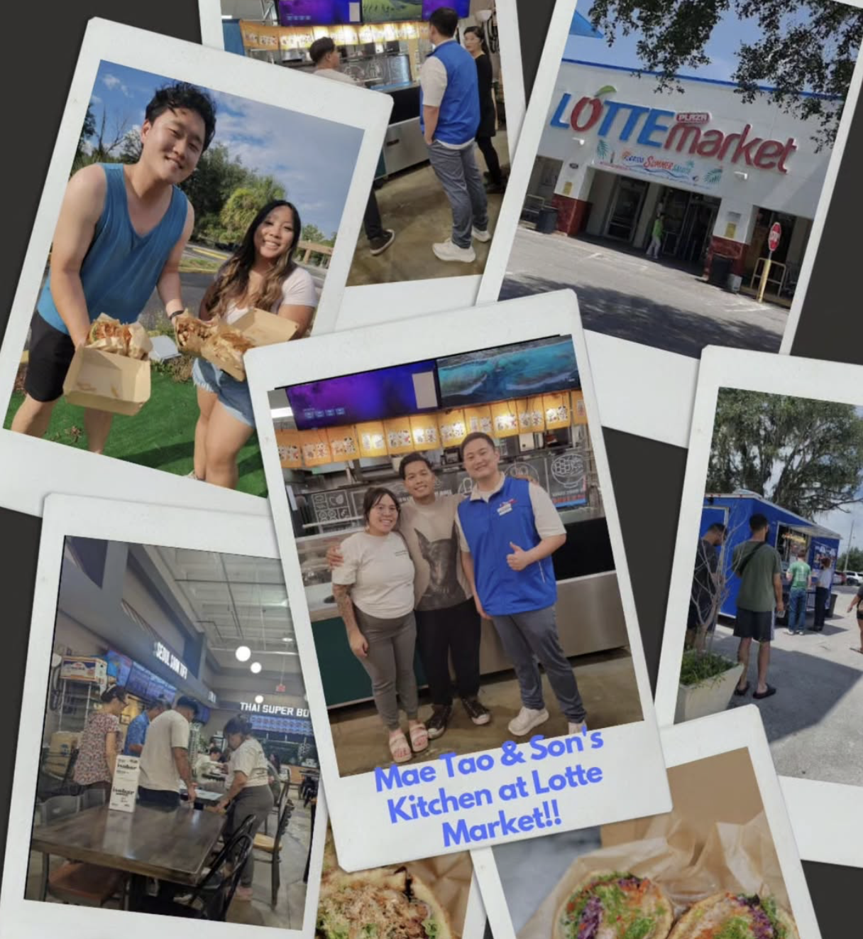 Collage of photos taken at Lotte Market and a food court, featuring people eating, staff working, and the exterior of the market, with a caption that reads 'Mae Tao & Son's Kitchen at Lotte Market!!'