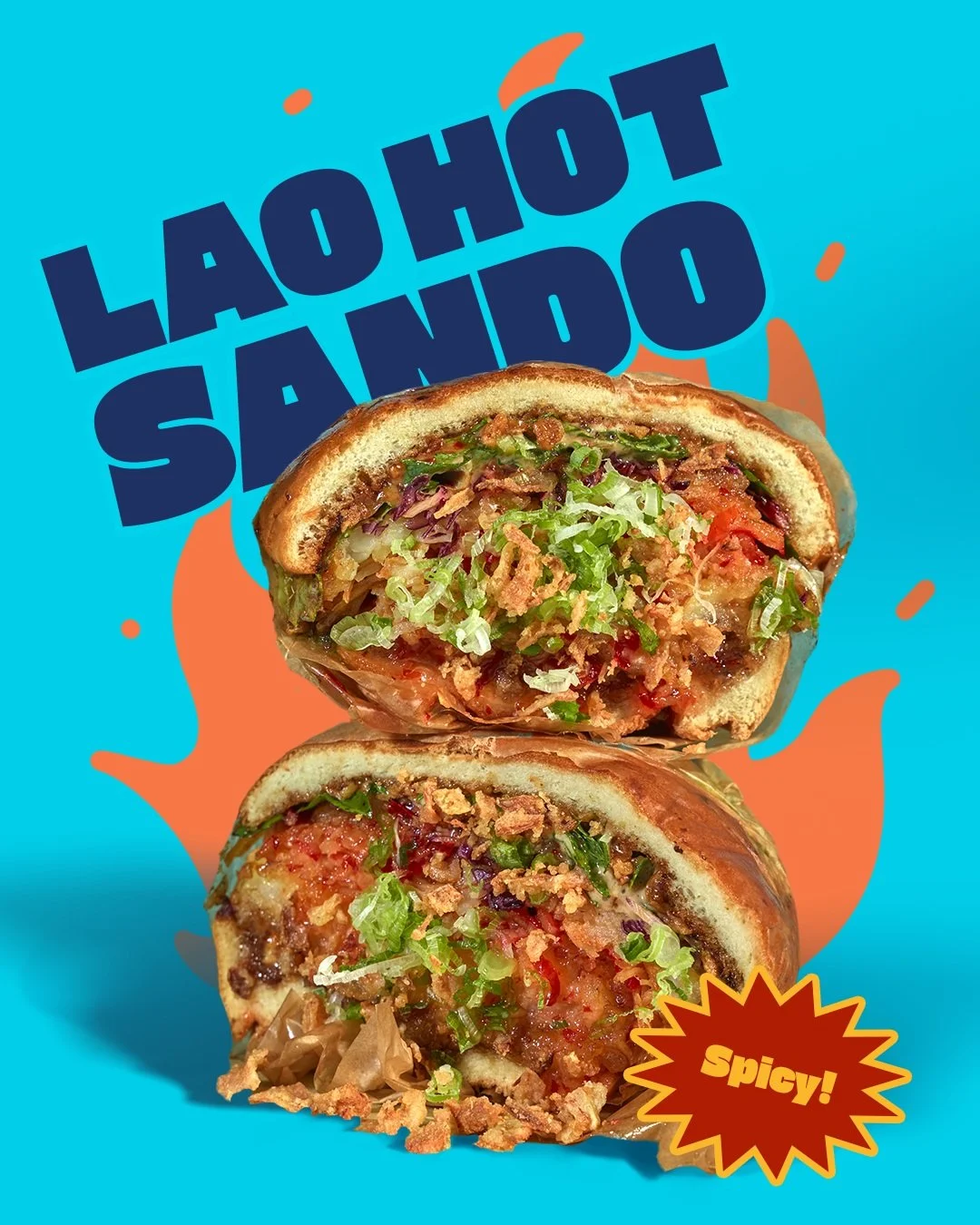 Warning: This is not your average spicy chicken sandwich. 🔥🥪

Bring the heat with crispy fried panko-crusted double chicken thigh cutlets layered with our signature Lao hot sauce. We stack this absolute unit with jeow som cabbage, black garlic aiol