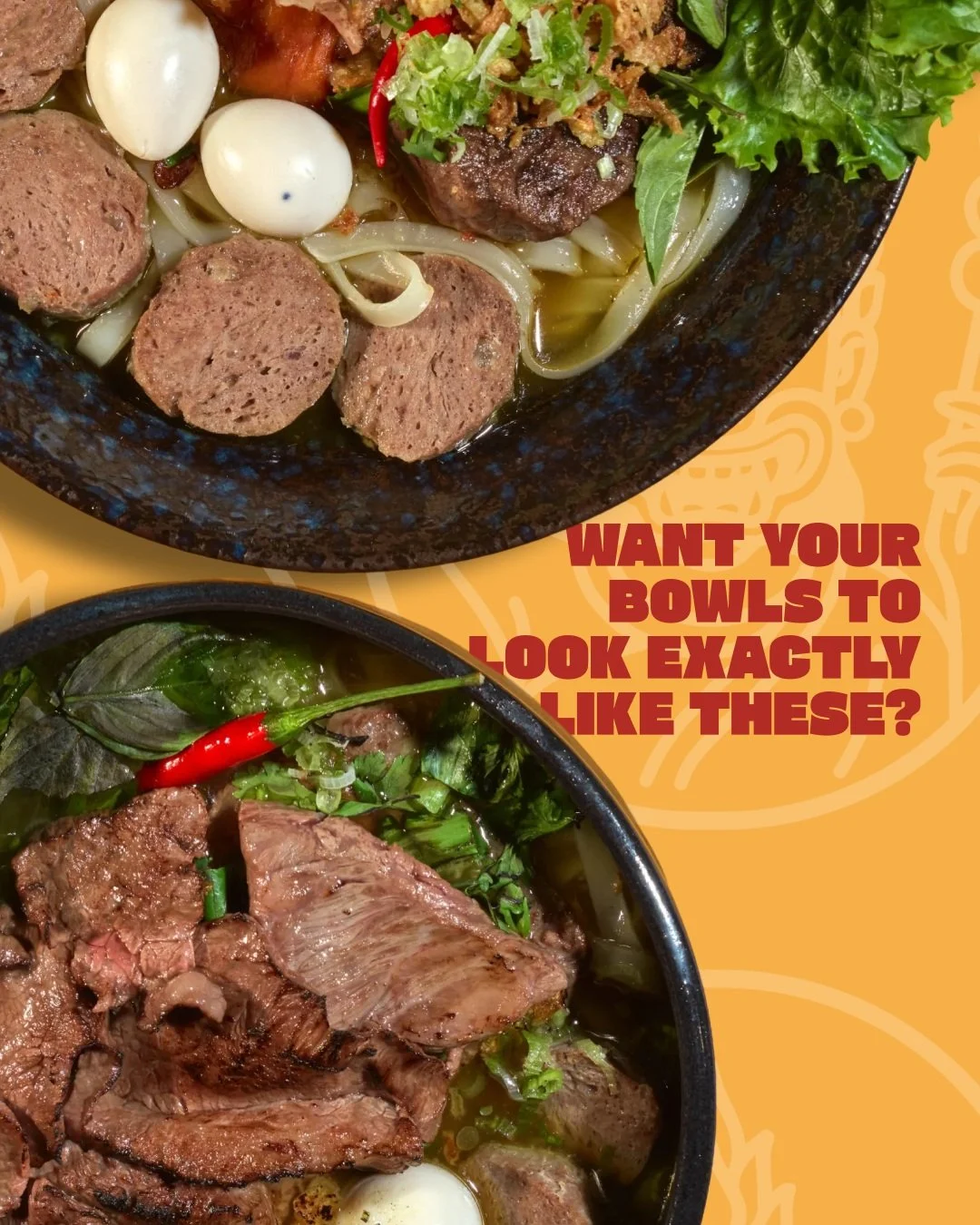 We get a lot of questions about how to order the Cambodian Noodle Soup, so here is the complete breakdown to make it easy:

The Base: Every single order starts here. You automatically get our rich Wagyu beef broth, rice noodles, tender beef meatballs