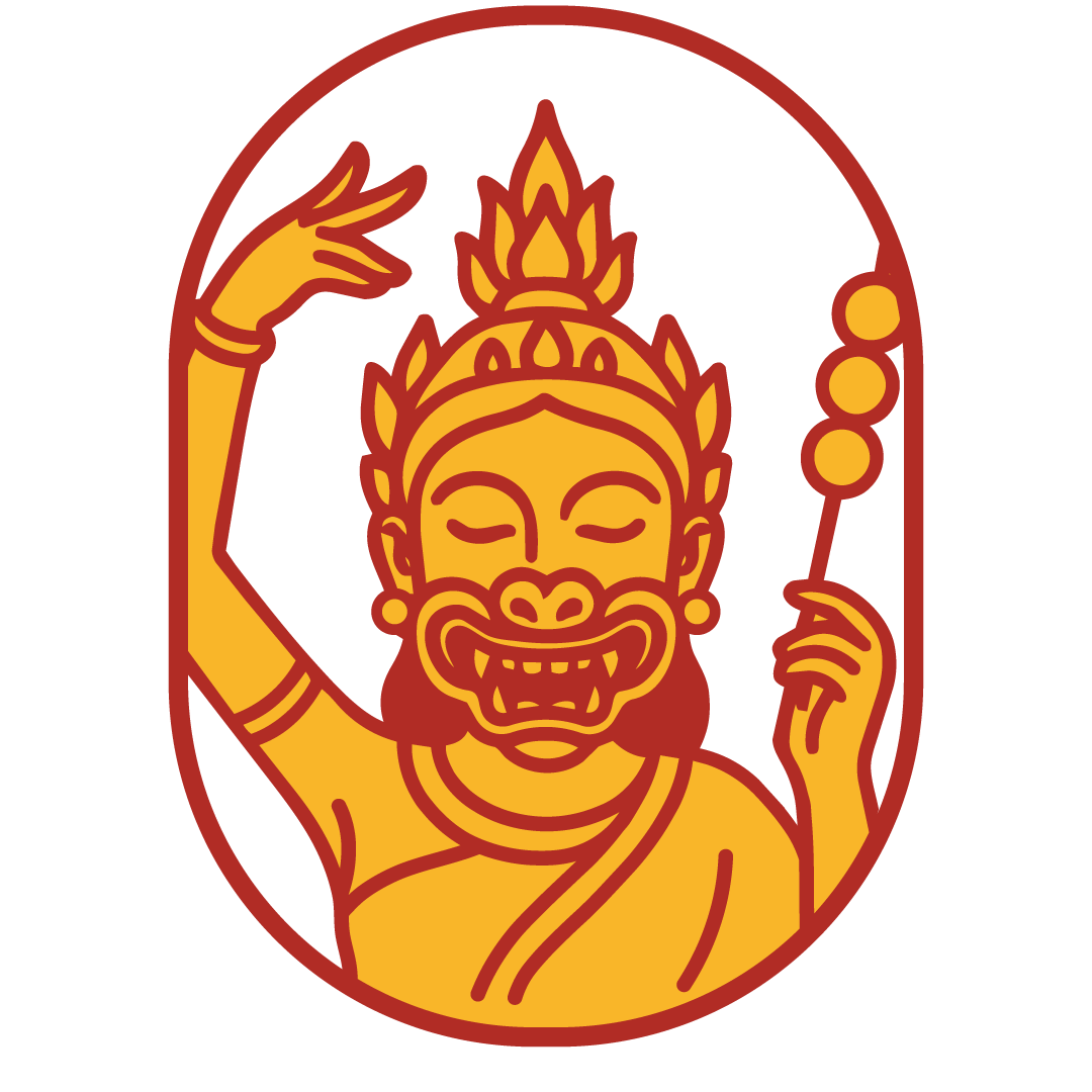 Illustration of a colorful, smiling deity with a crown, holding a scepter, and making a gesture with the hand. The figure has a beard and is enclosed in an oval frame.