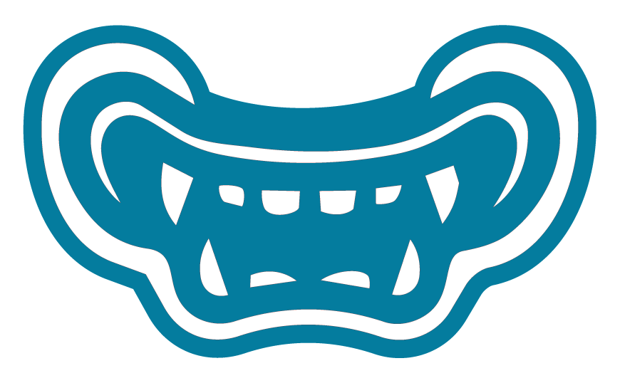 A stylized graphic of a mischievous or angry-looking face with sharp teeth, large eyebrows, and prominent cheekbones, in blue and white colors.
