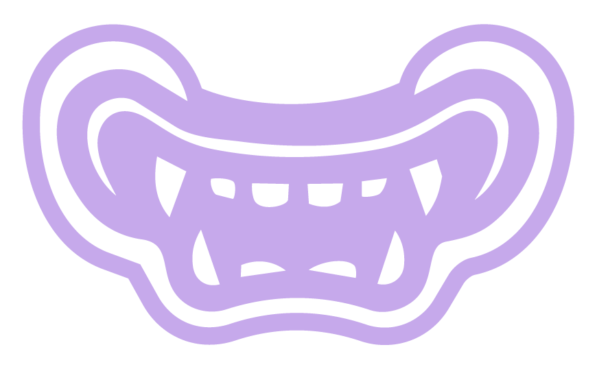 A stylized purple and white cartoon monster face with sharp teeth and a mischievous expression.