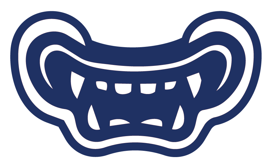 Stylized logo of a fierce, open-mouthed creature with prominent teeth and large ears, depicted in dark blue and white.