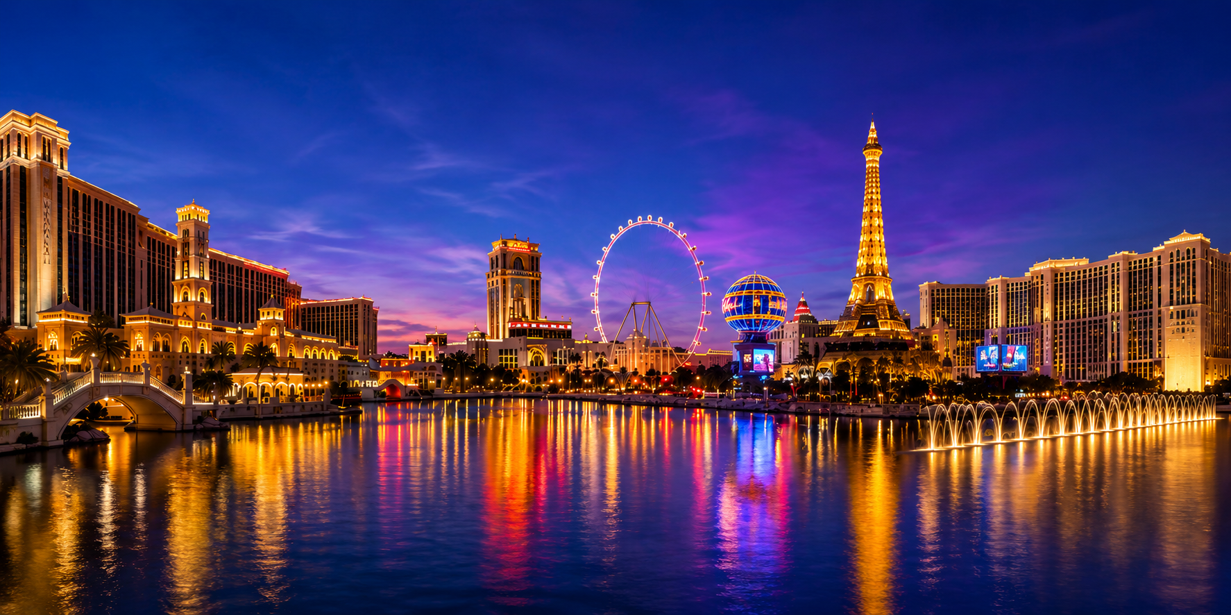 Night view of the Las Vegas Strip, featuring illuminated buildings, the High Roller Ferris wheel, the Eiffel Tower replica, and colorful reflections on the water.