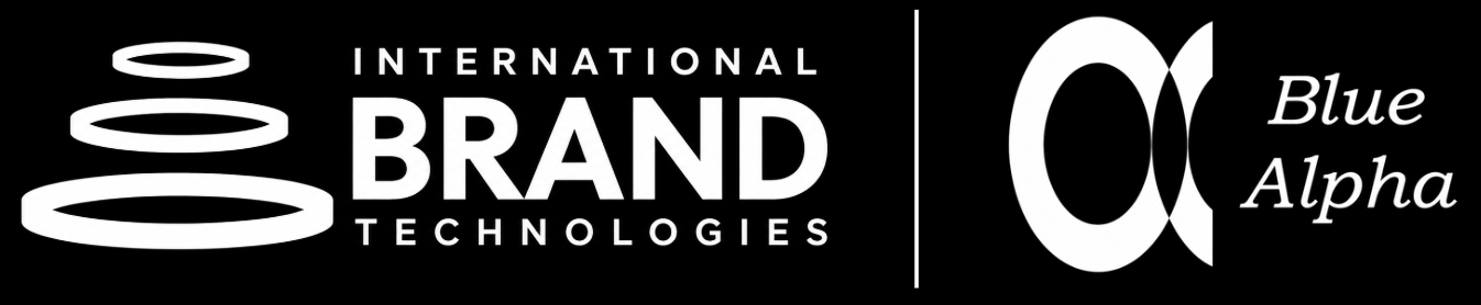 Logo for International Brand Technologies featuring three white elliptical rings stacked, with the text 'INTERNATIONAL BRAND TECHNOLOGIES' in white capital letters, and a separate logo with '01' and the text 'Blue Alpha'.