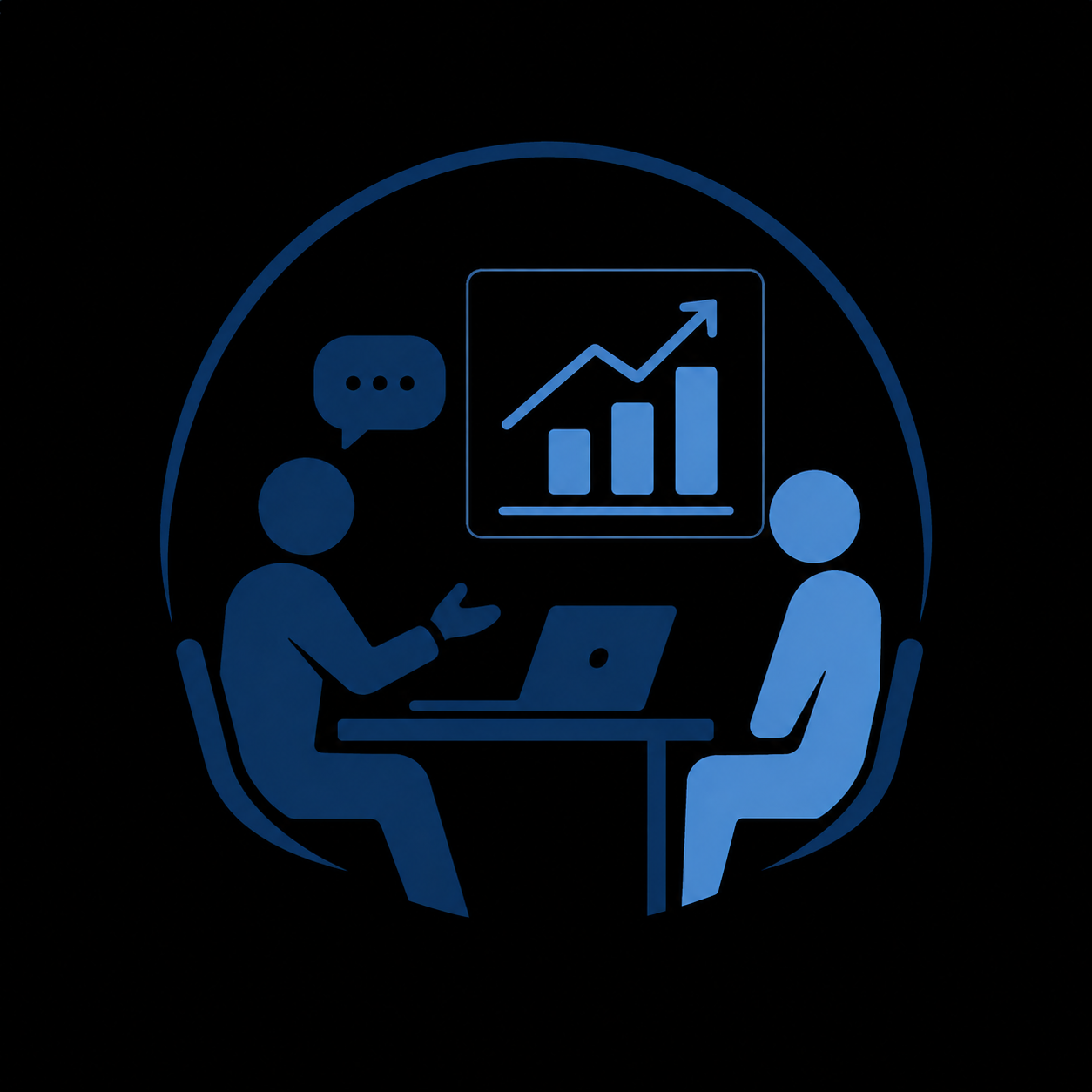 Two people sitting across a table discussing business, with a laptop, and a chart showing increasing bar graph and arrow in the background.