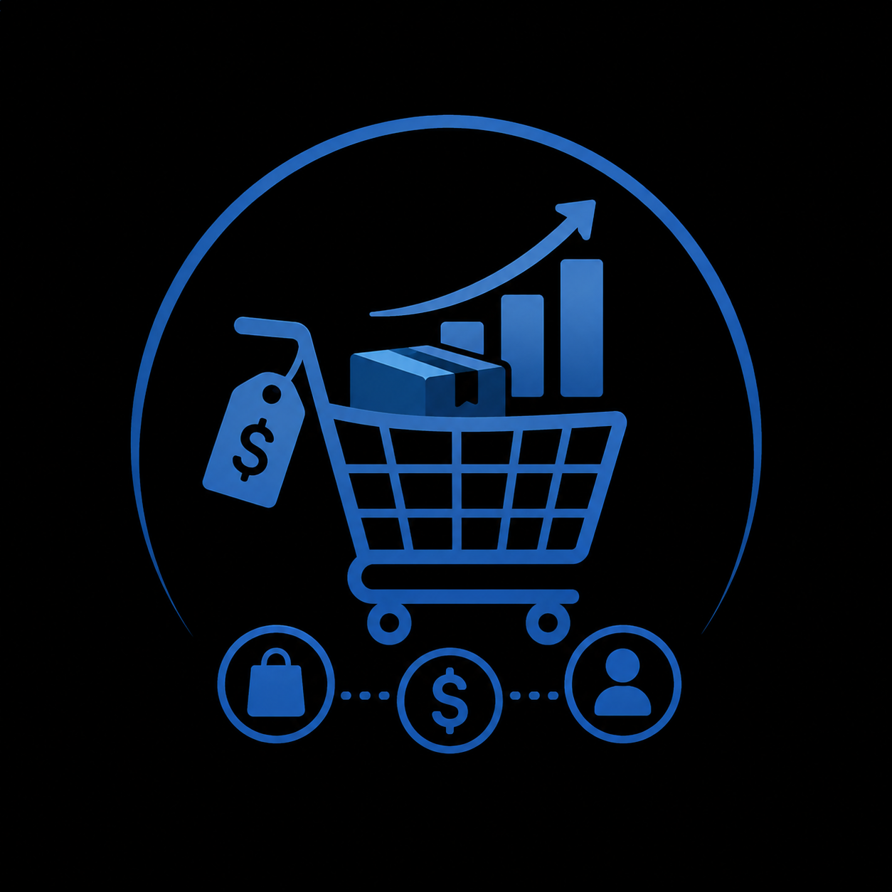 A shopping cart with a dollar tag, containing bar graphs showing growth, surrounded by icons representing a shopping bag, a dollar sign, and a user, indicating e-commerce and financial growth.