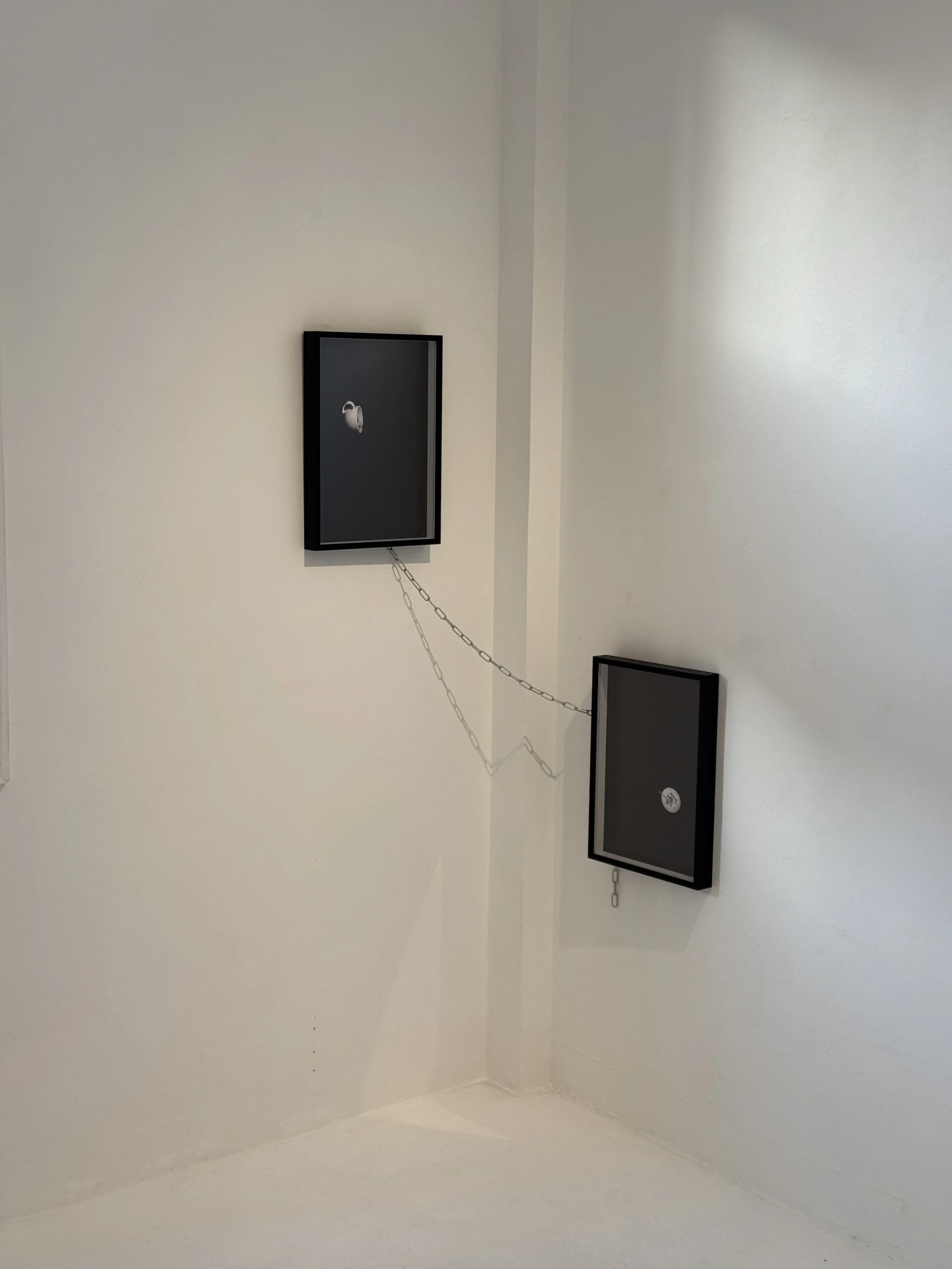 Two black display cases mounted on a plain white wall, connected by a hanging chain.