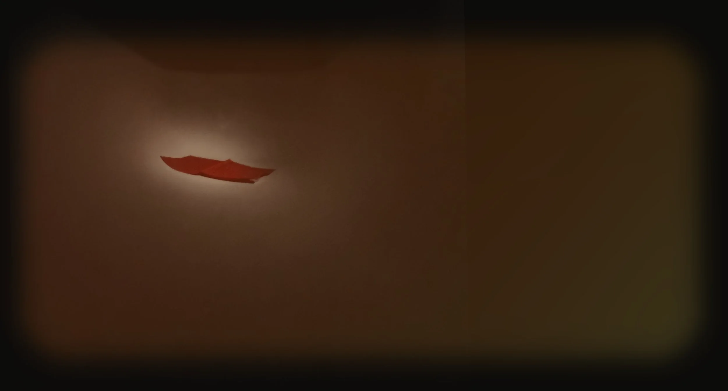 A dimly lit ceiling with a single red arrow-shaped object illuminated on it.
