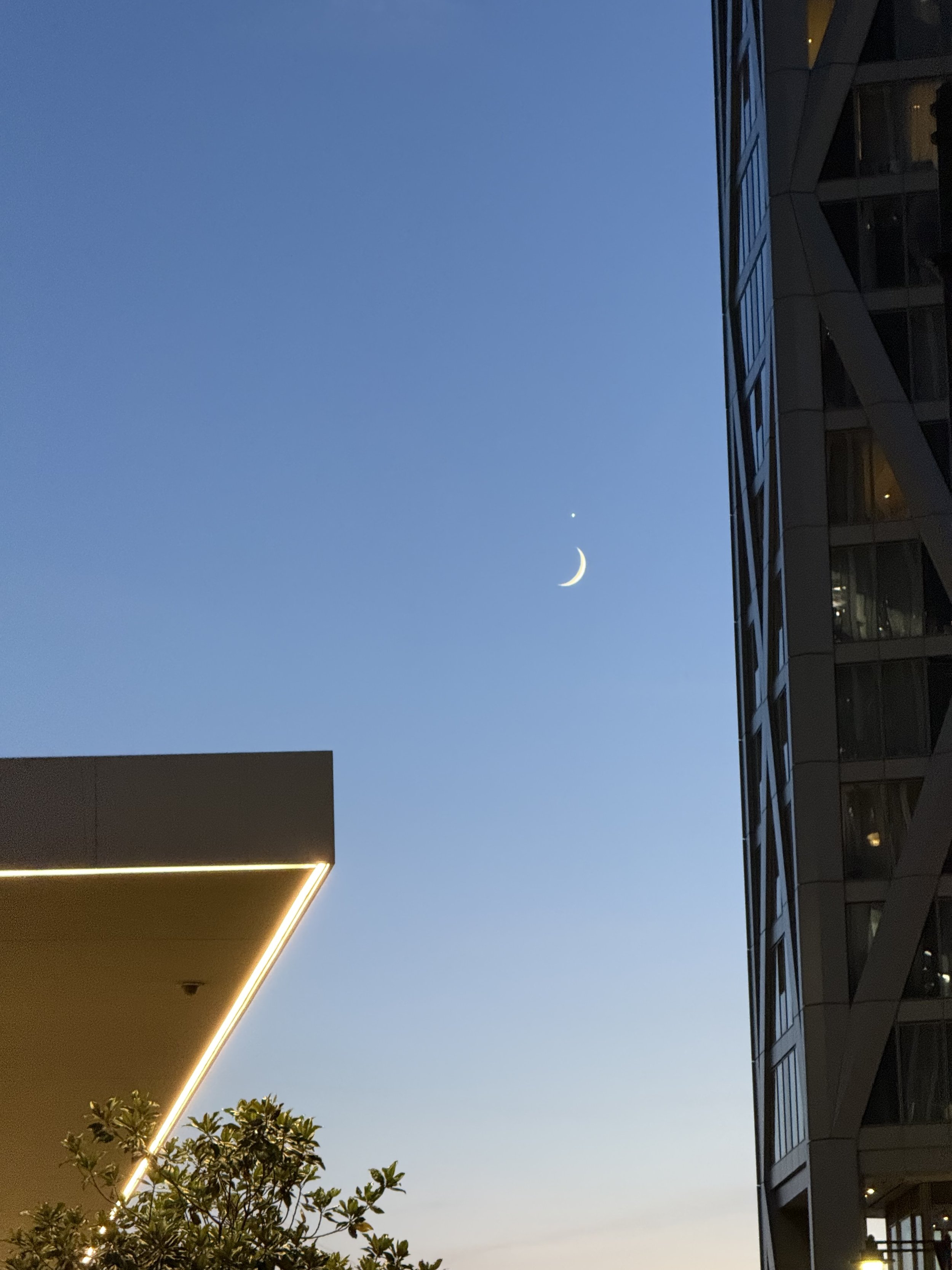 A cityscape at dusk showing a clear sky with a visible crescent moon and a bright planet or star. Modern buildings with glass facades are on the right, and a corner of a building with exterior lighting is on the left, partially obscured by trees.