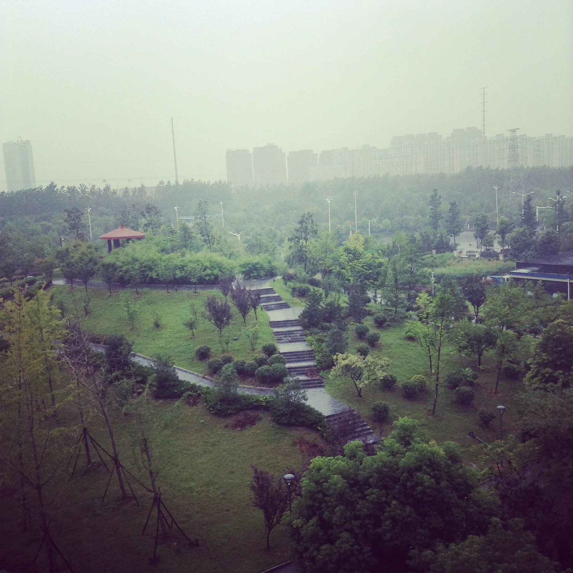 City skyline with tall buildings in the background, green trees and a park in the foreground, overcast sky with haze or fog.