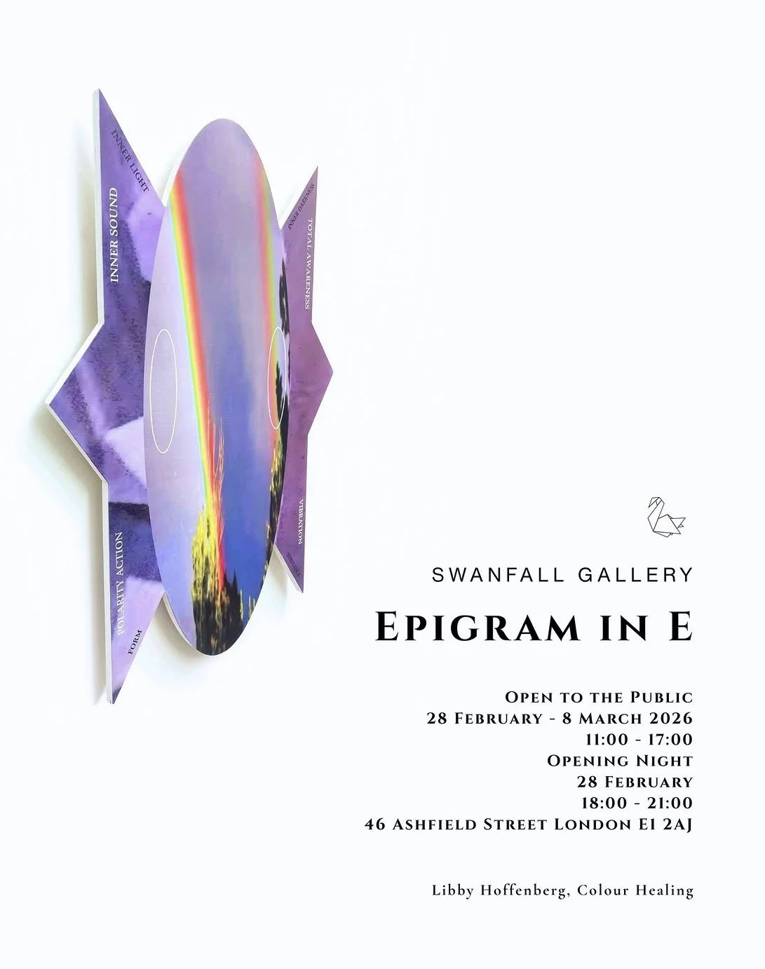 Poster advertising an art exhibition titled 'Epigram in E' at Swanfall Gallery, featuring a 3D paper sculpture of a rainbow and landscape with event details and artist name, Libby Hoffenberg.