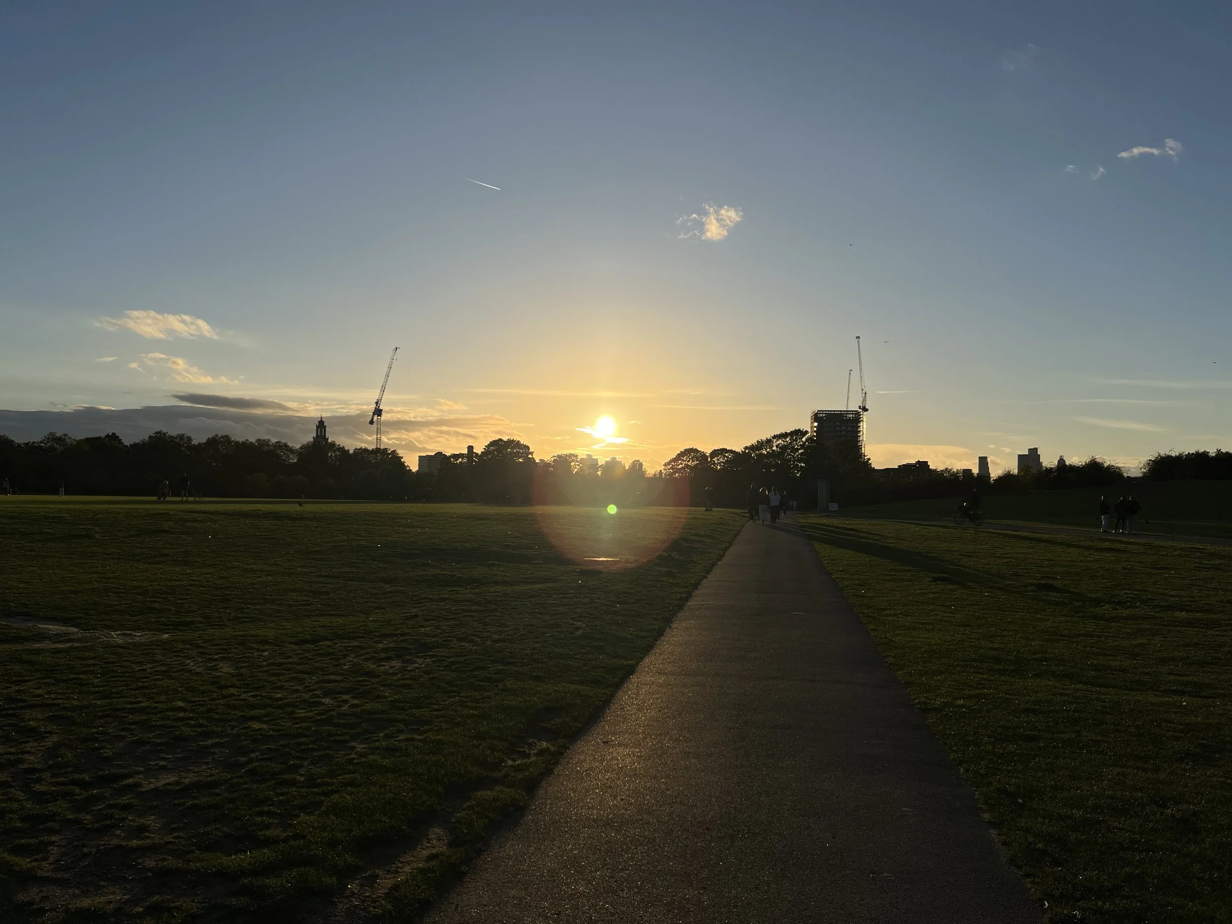 View of a park during sunset with a paved pathway, grassy areas, trees, a few people walking, and buildings with construction cranes in the background under a clear sky with a few clouds.