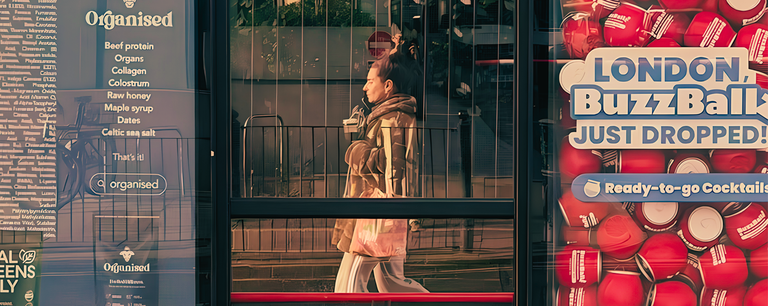 A reflection of a woman in a shop window, with a sign advertising London BuzzBallz drinks next to the window.