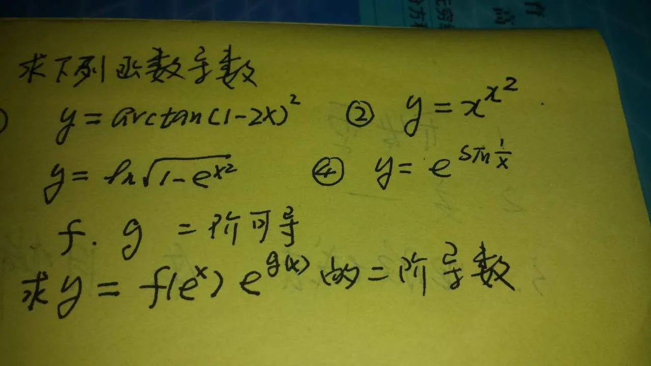 Handwritten notes with mathematical equations and formulas on yellow paper, including functions involving exponential, trigonometric, and radical expressions.