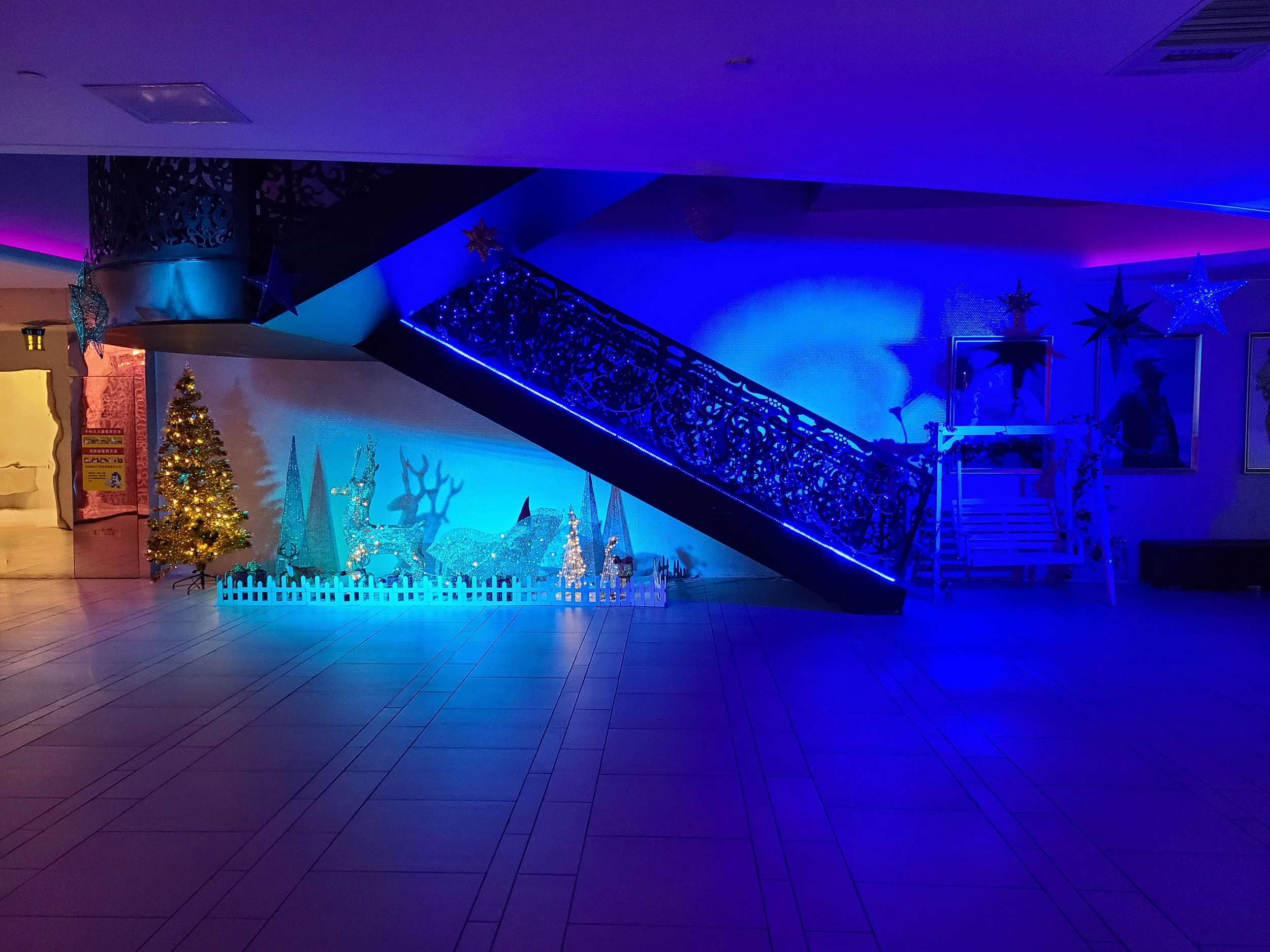 Indoor scene with festive Christmas decorations, including a small decorated Christmas tree, illuminated reindeer figures, and large star-shaped ornaments, illuminated by colorful blue and purple lights.