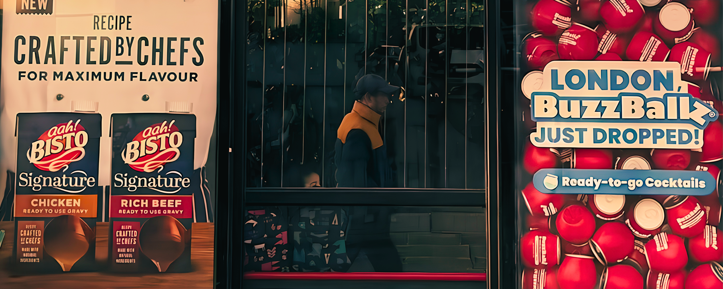 A city street scene featuring a glass-fronted building, advertisements for Ready-to-go Cocktails, a sandwich shop called Ah! Bistro with signs for chicken and rich beef, and a person walking by wearing a black cap, orange and black coat, dark pants, 