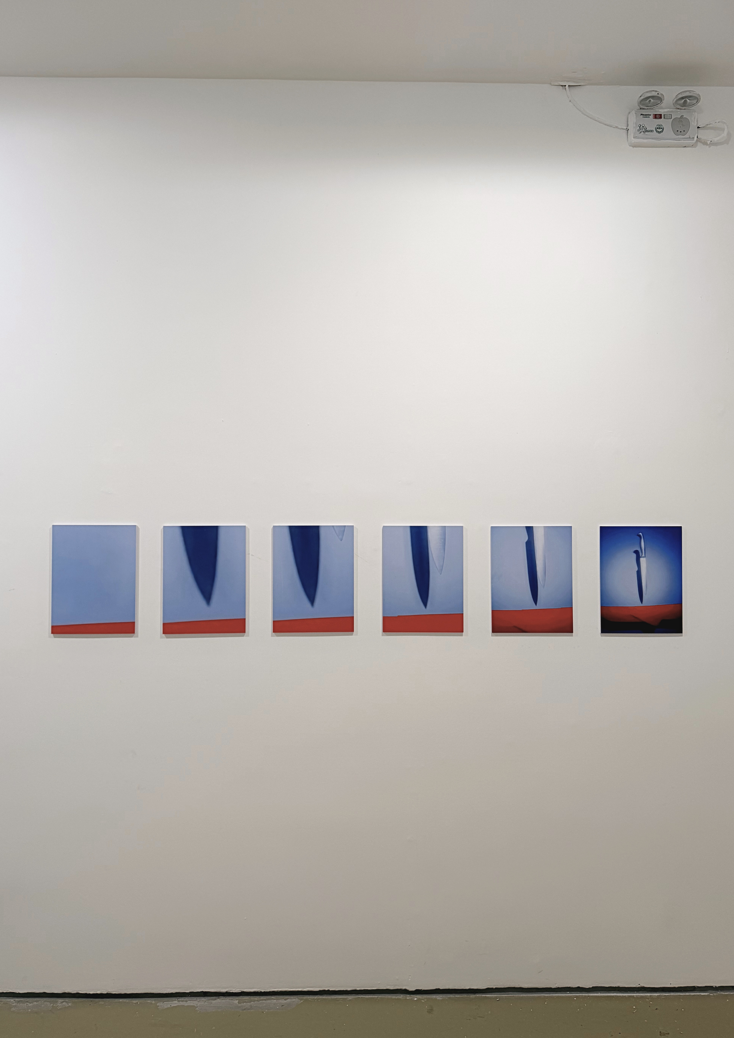 A series of nine photographs of a blue object against a red background, arranged in a horizontal line on a white wall in an art gallery.