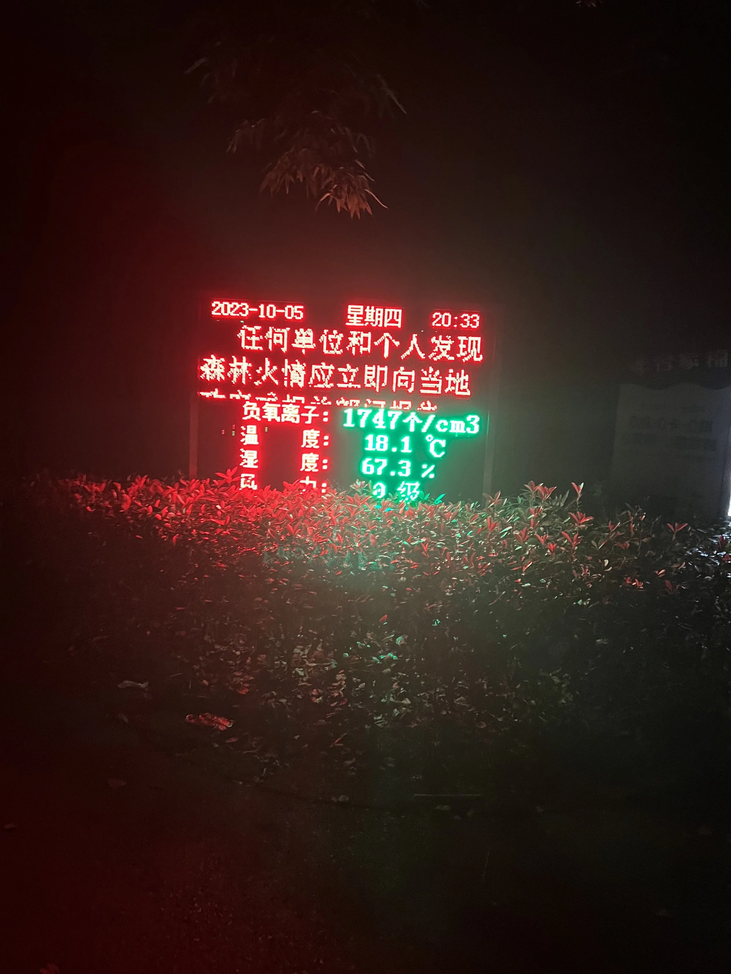 Nighttime scene with a digital sign displaying date, time, and weather information, surrounded by dark foliage and illuminated by the sign's red and green lights.