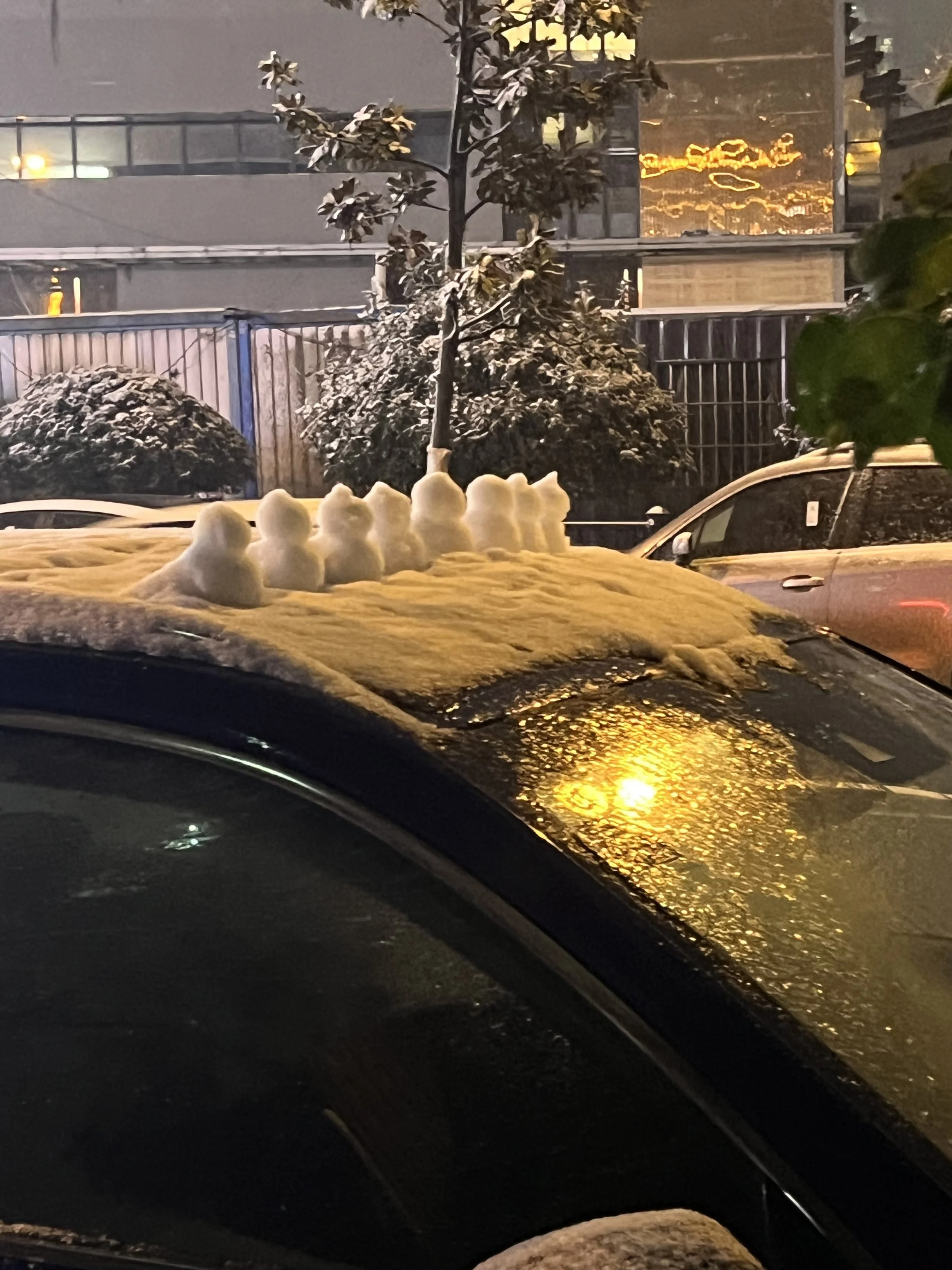Snow-covered car parked outdoors at night, with snow on its roof and hood, reflecting yellowish streetlights.