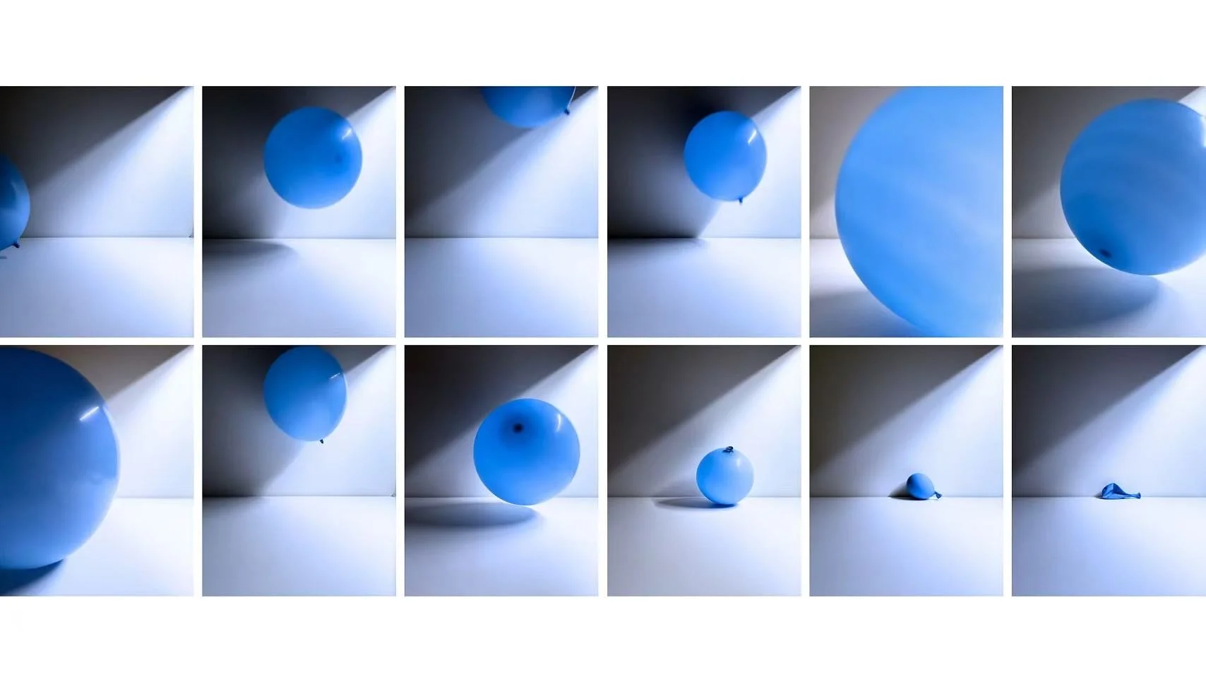 Sequence of images showing a blue balloon floating, bouncing, and then deflating on a white surface with dramatic lighting and shadows.