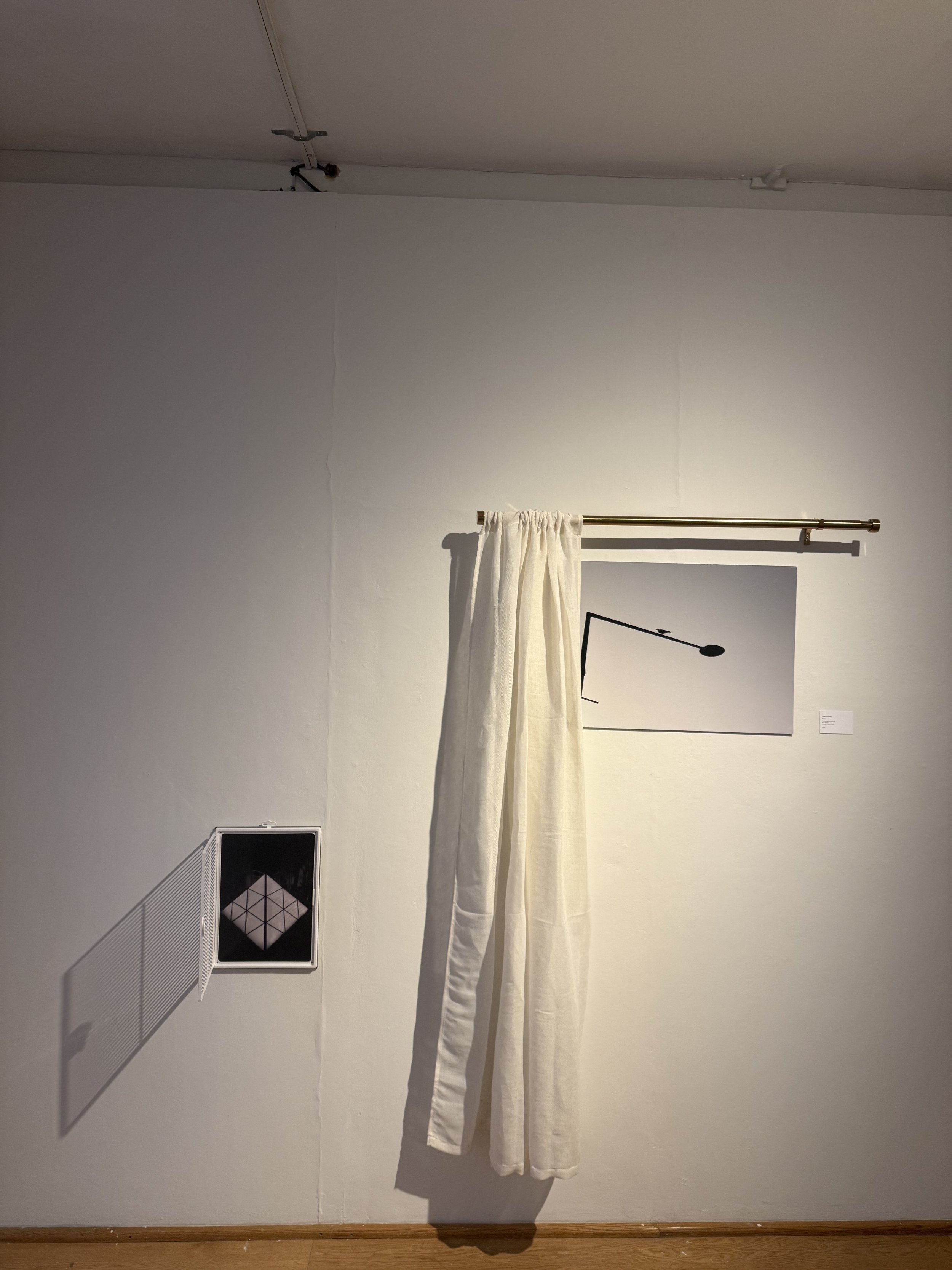 Art exhibit featuring a white curtain hanging from a gold curtain rod, with black and white geometric artwork on the wall and a framed digital art piece on the floor.